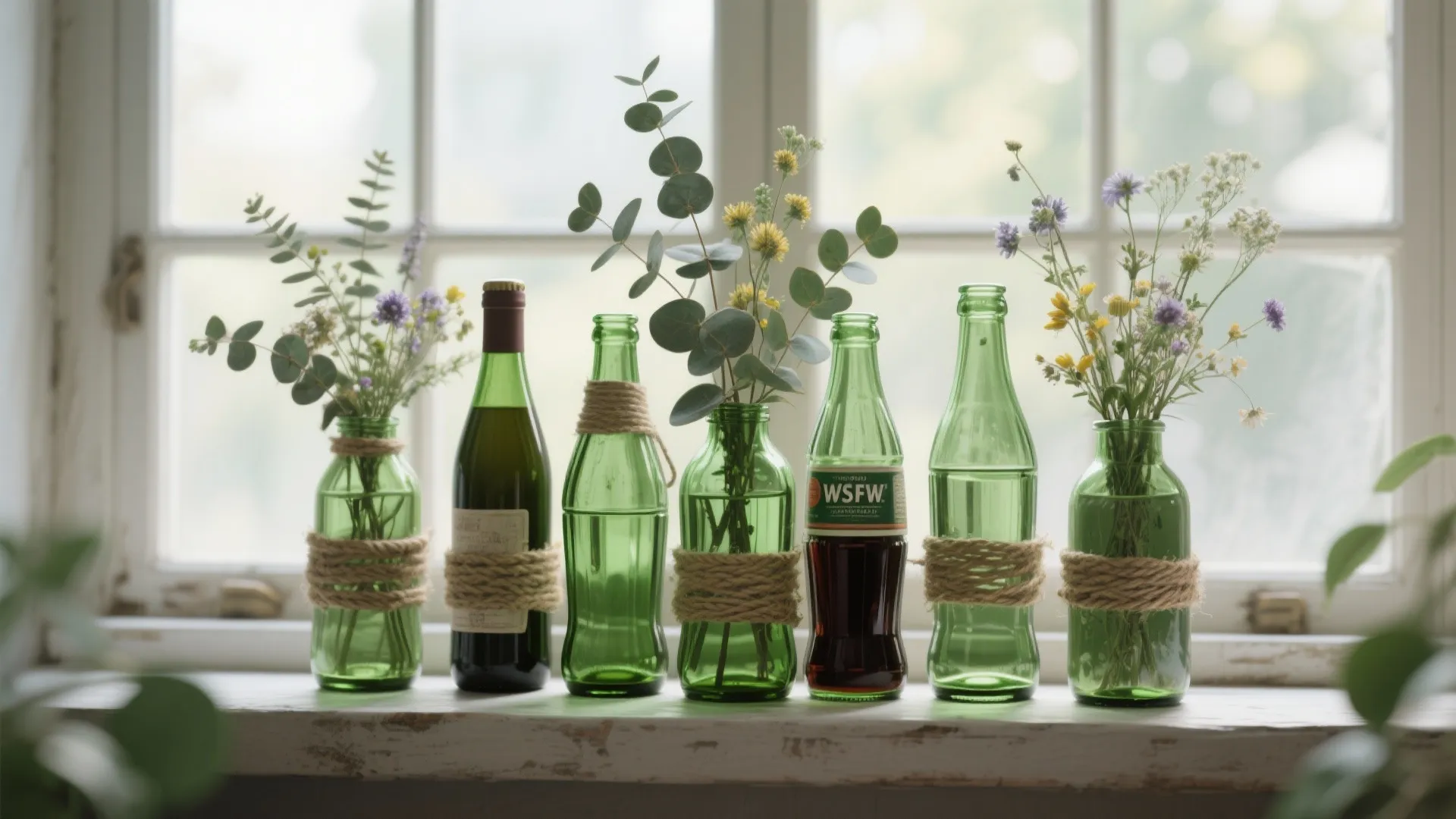 3. Green Glass Bottle Vases with Twine