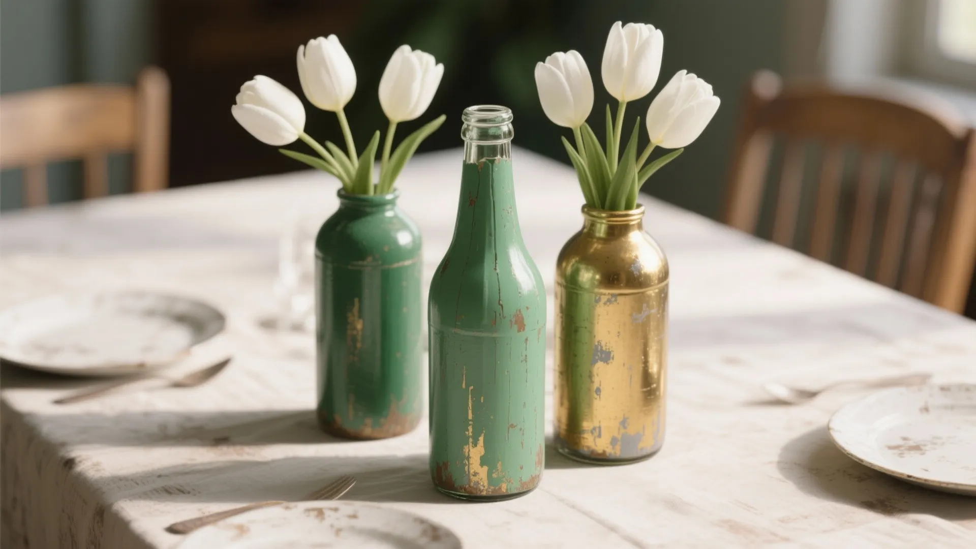 2. Repurposed Green Bottle Vases
