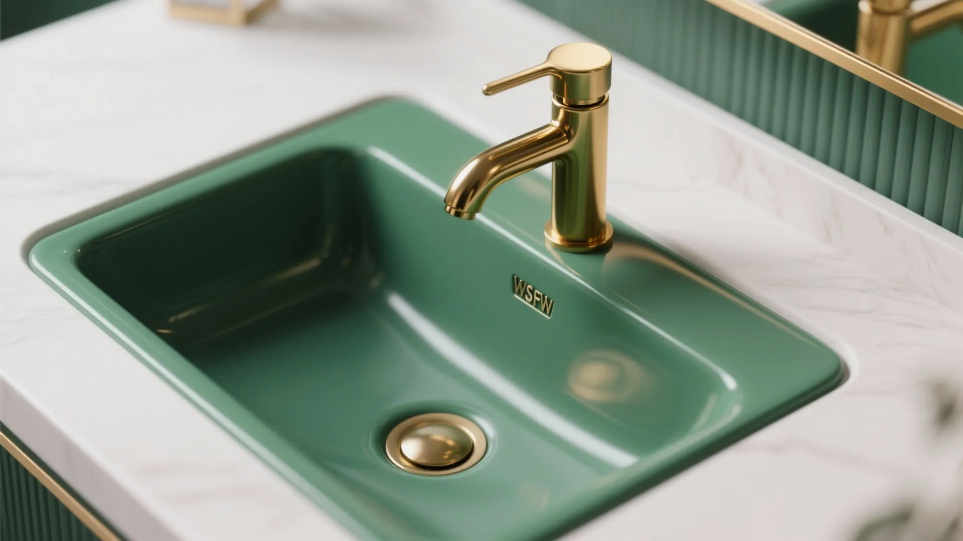 Modern green bathroom sink with gold faucet on a white marble countertop with green walls