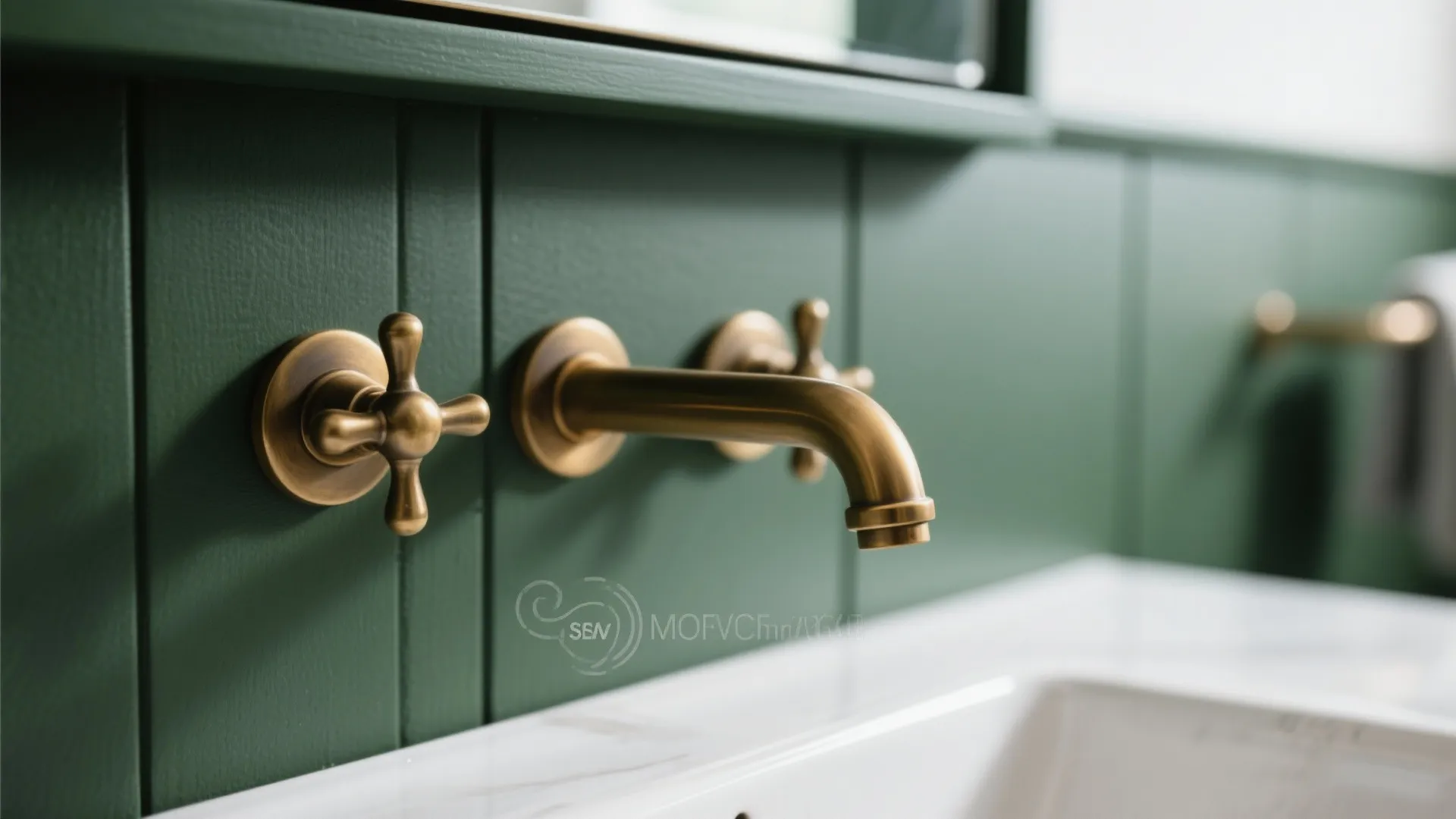 Close up of gold wall mounted water tap on green wall panel above white sink