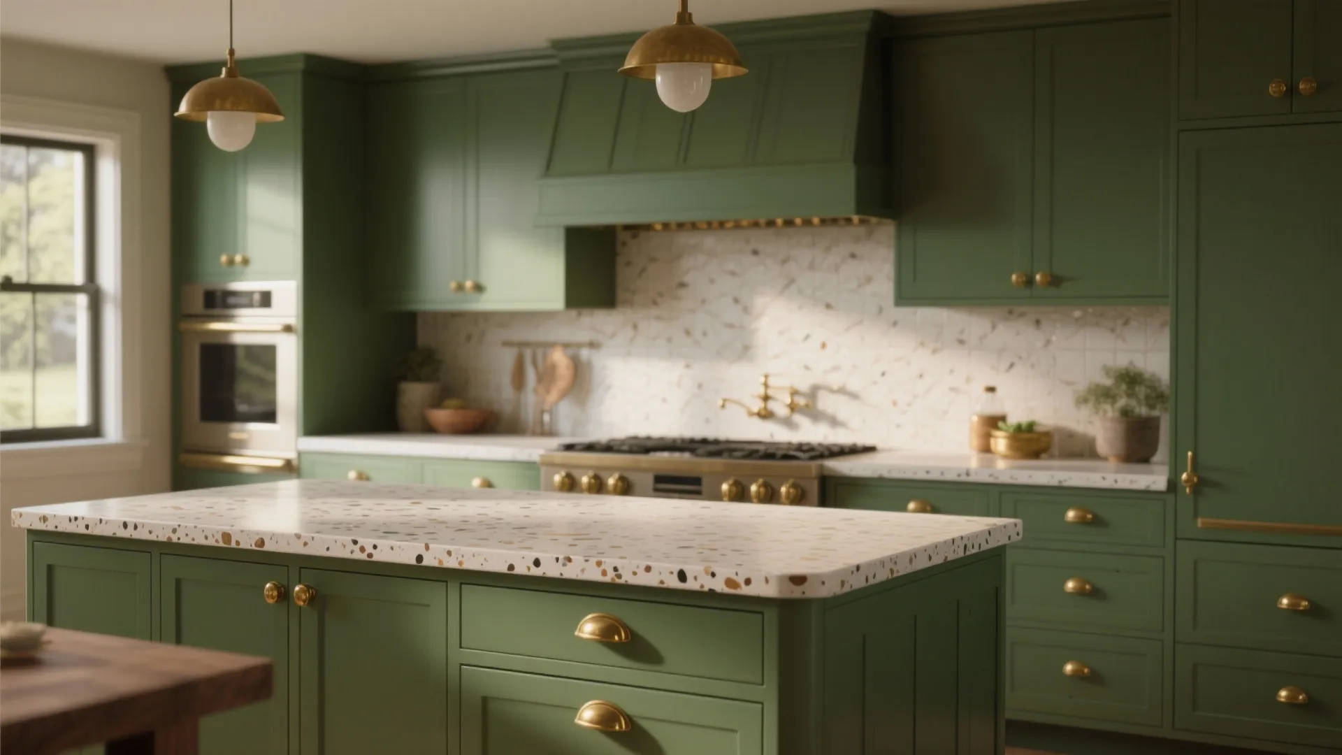 Green cabinets with brass hardware and a warm terrazzo countertop