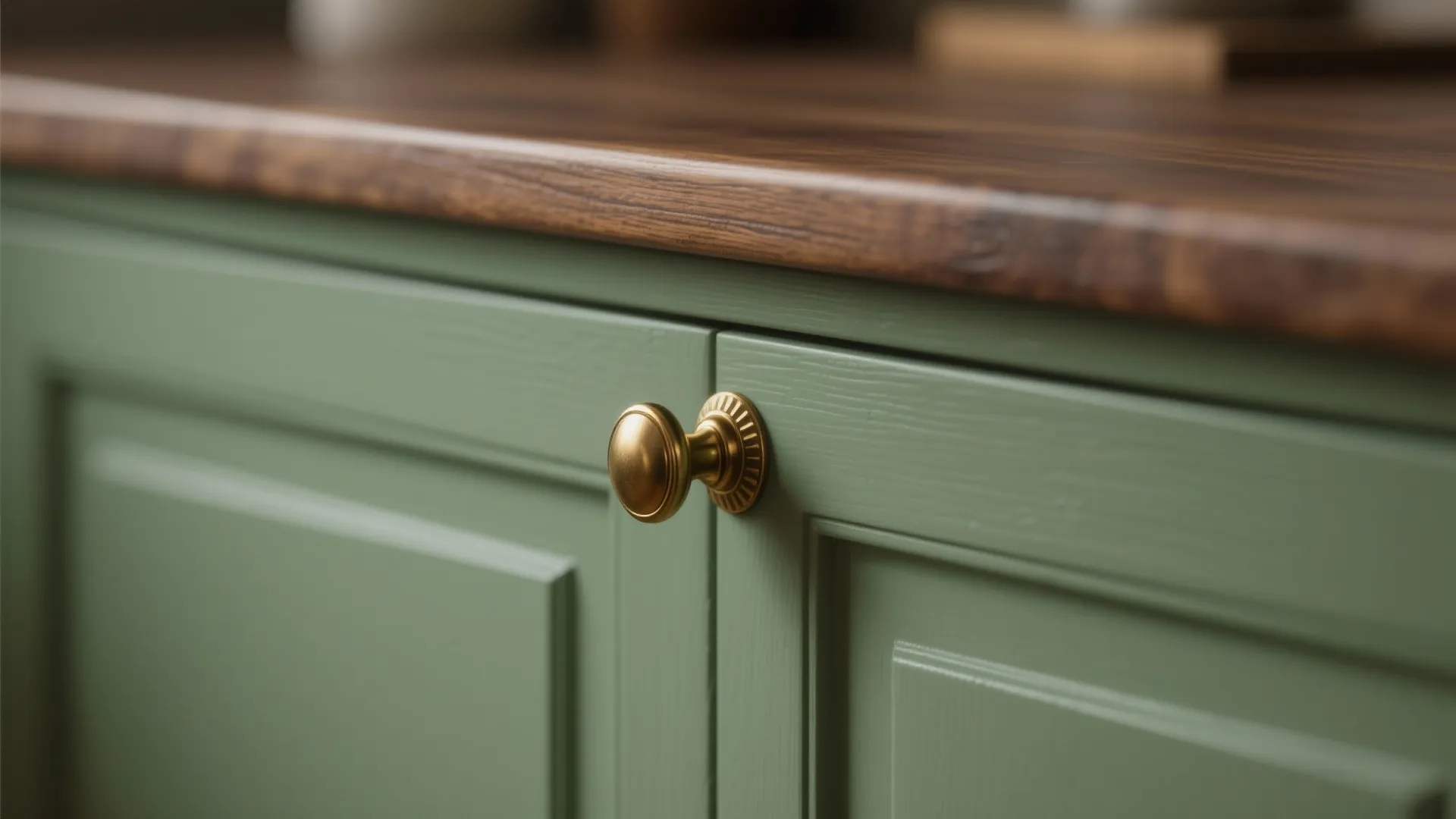 Close-up of a brass knob, walnut counter edge and sage-green cabinet showing material harmony.