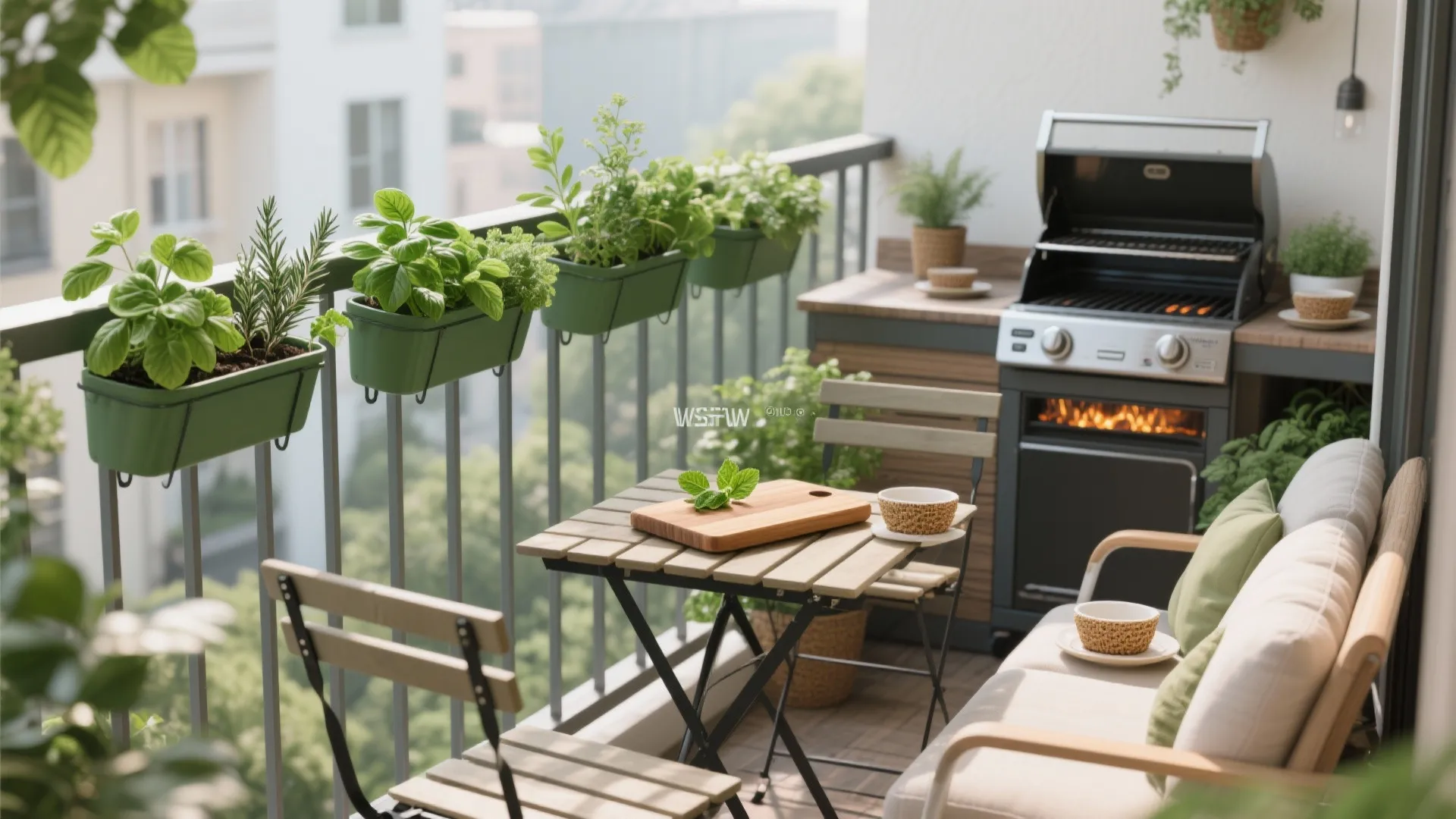 Green Buffer: Planters, Herb Rails, and Micro-Lounge