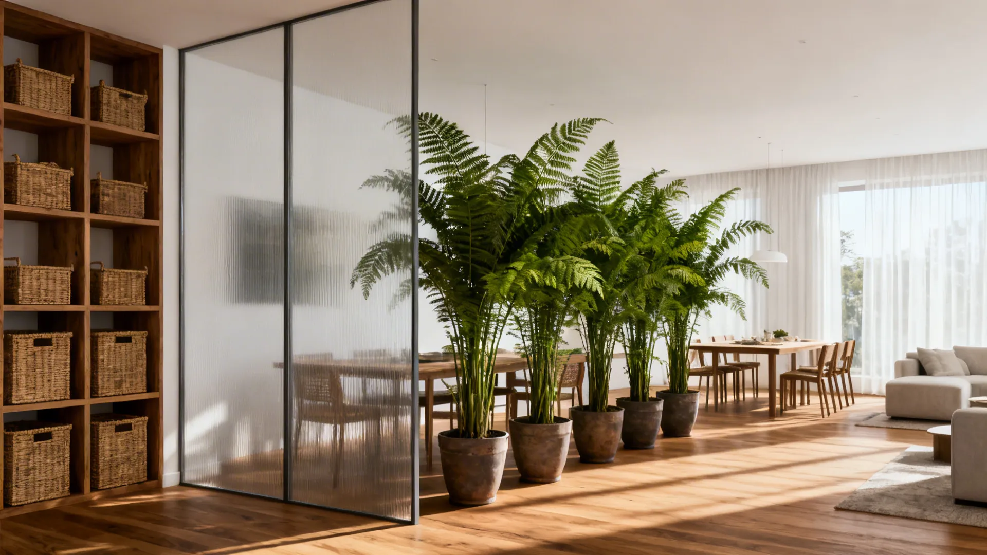 Modern living room with glass partition wall, tall green potted plants, wooden table, and chairs