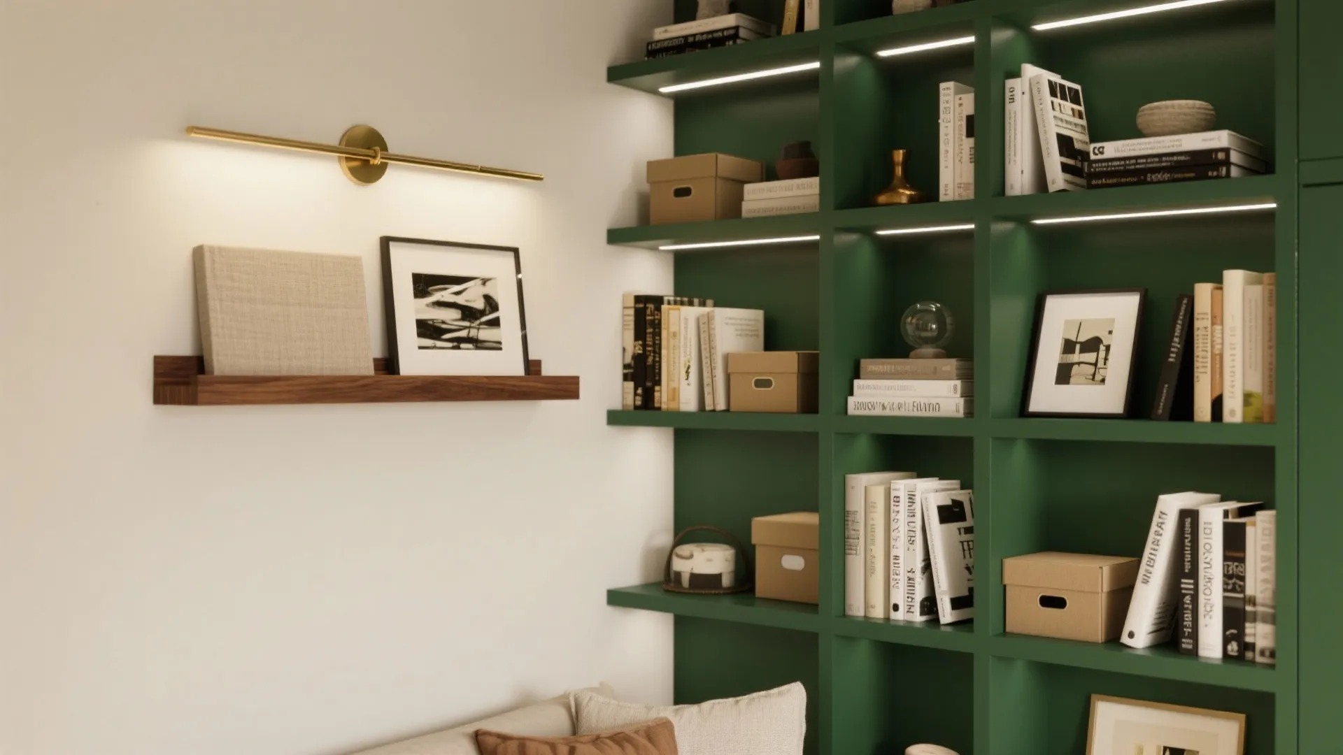 Green wall cabinet filled with many books and storage boxes under warm wall light fixture glow