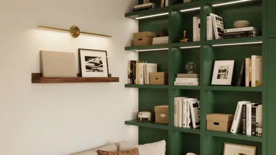 Green Bookshelf Home Office Design – Stylish & Functional