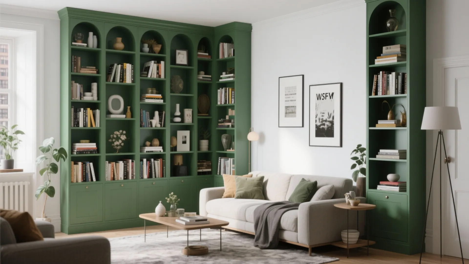 7. Green Built-in Bookcases on a White Wall