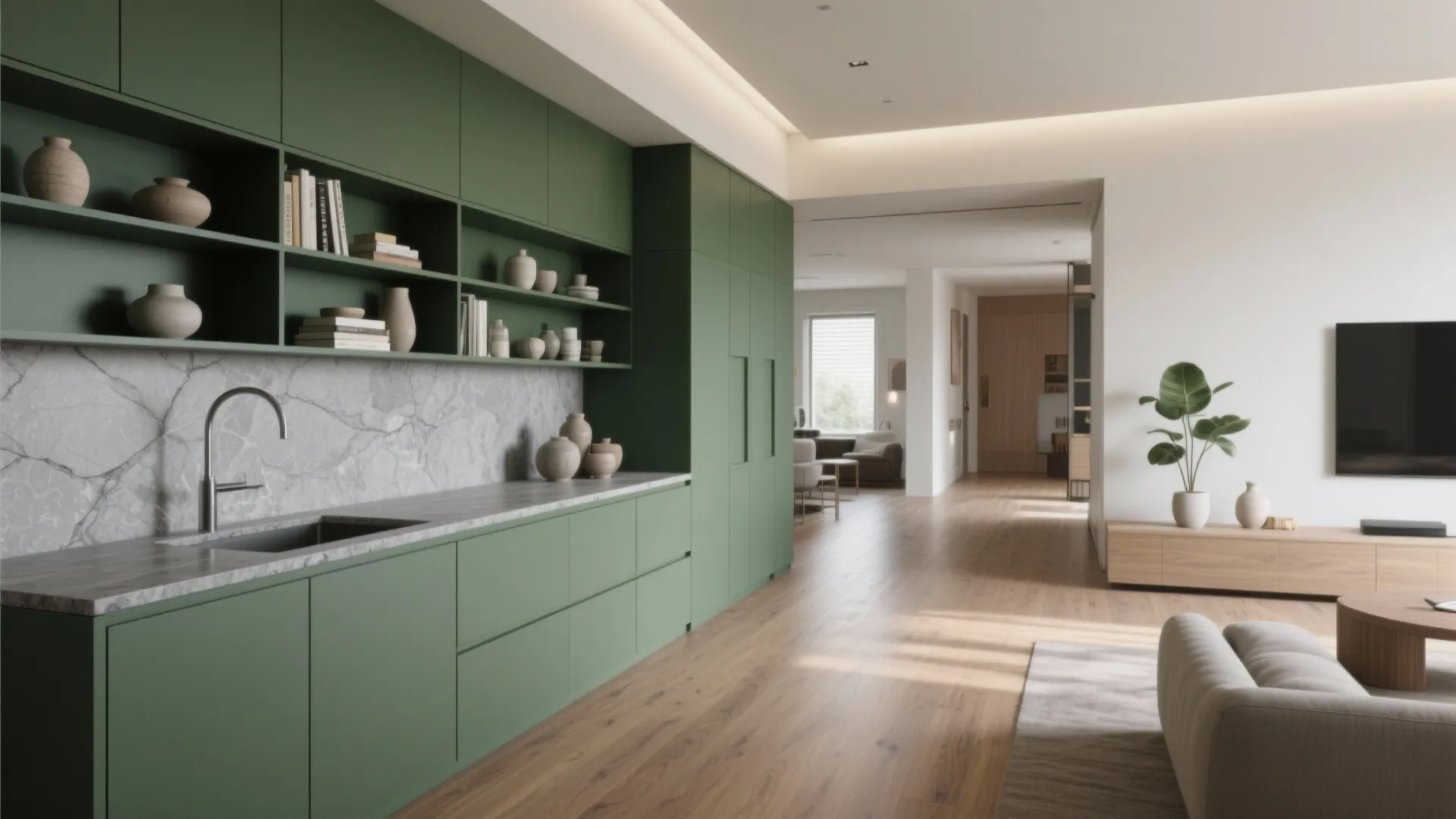 3. Green Cabinets and Integrated Shelving