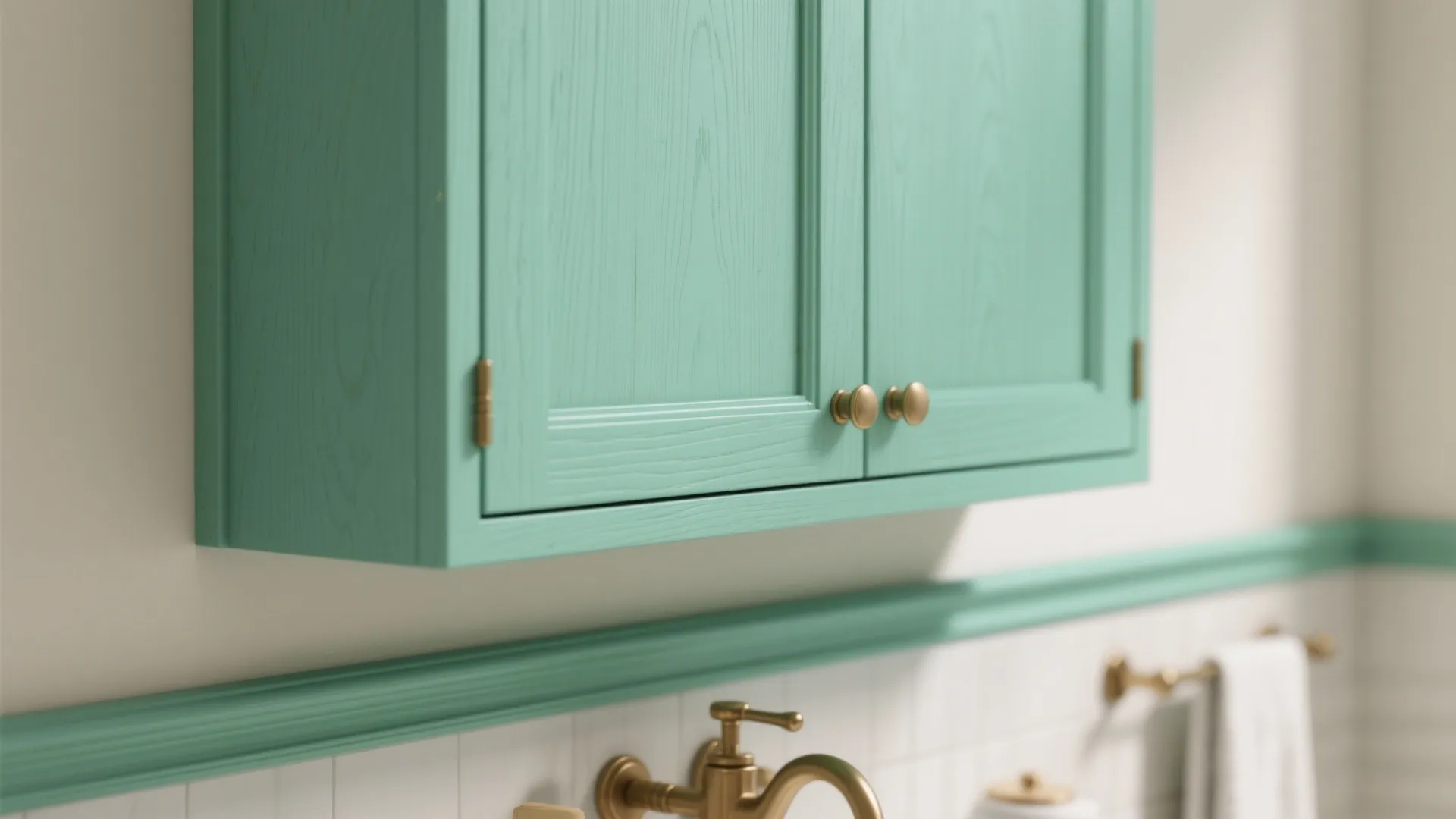 Mint green wall cabinet with gold handles hanging above white tiled wall with gold faucet