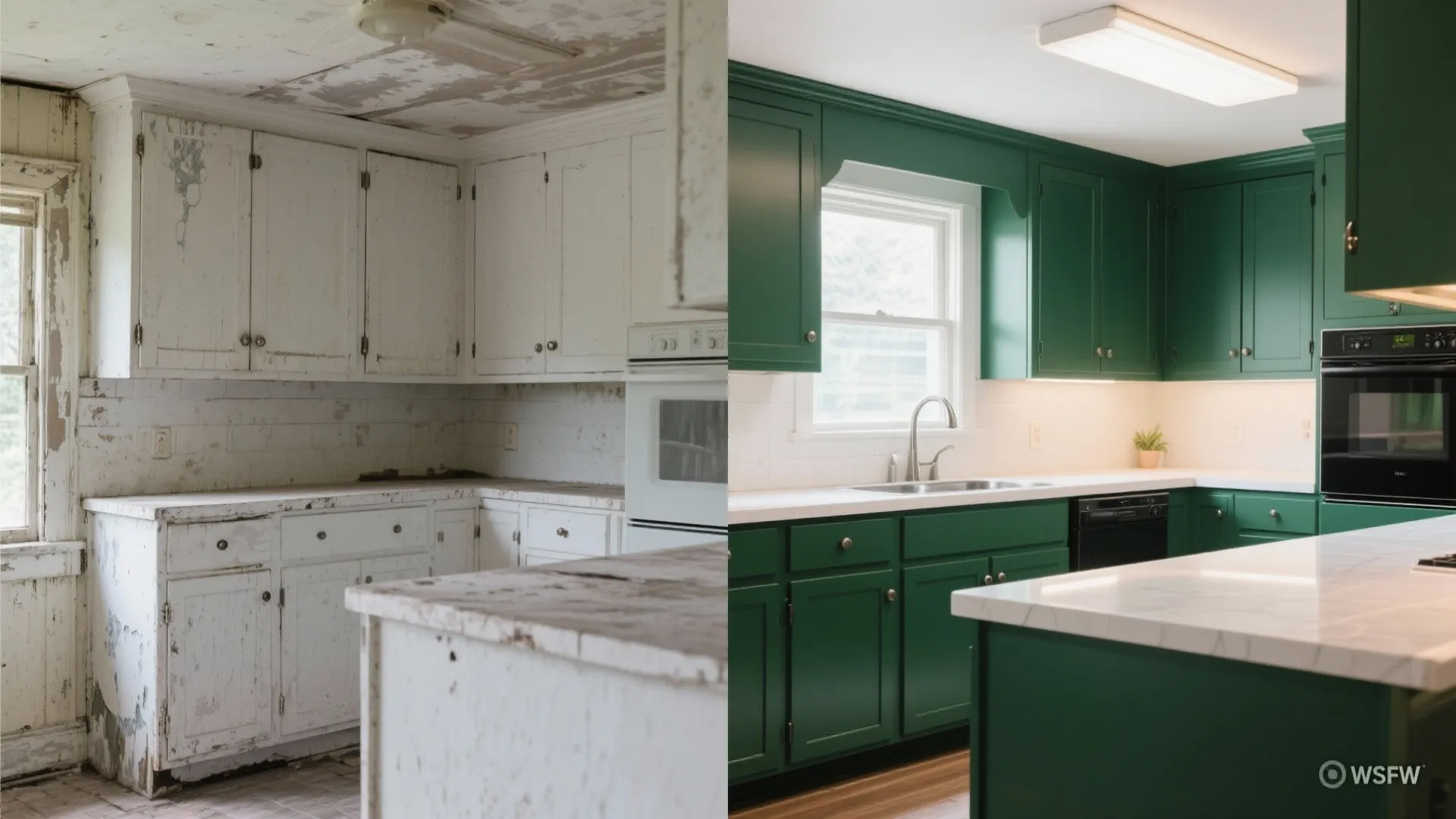 Before and after comparison of old white kitchen versus renovated space with bright green cabinets