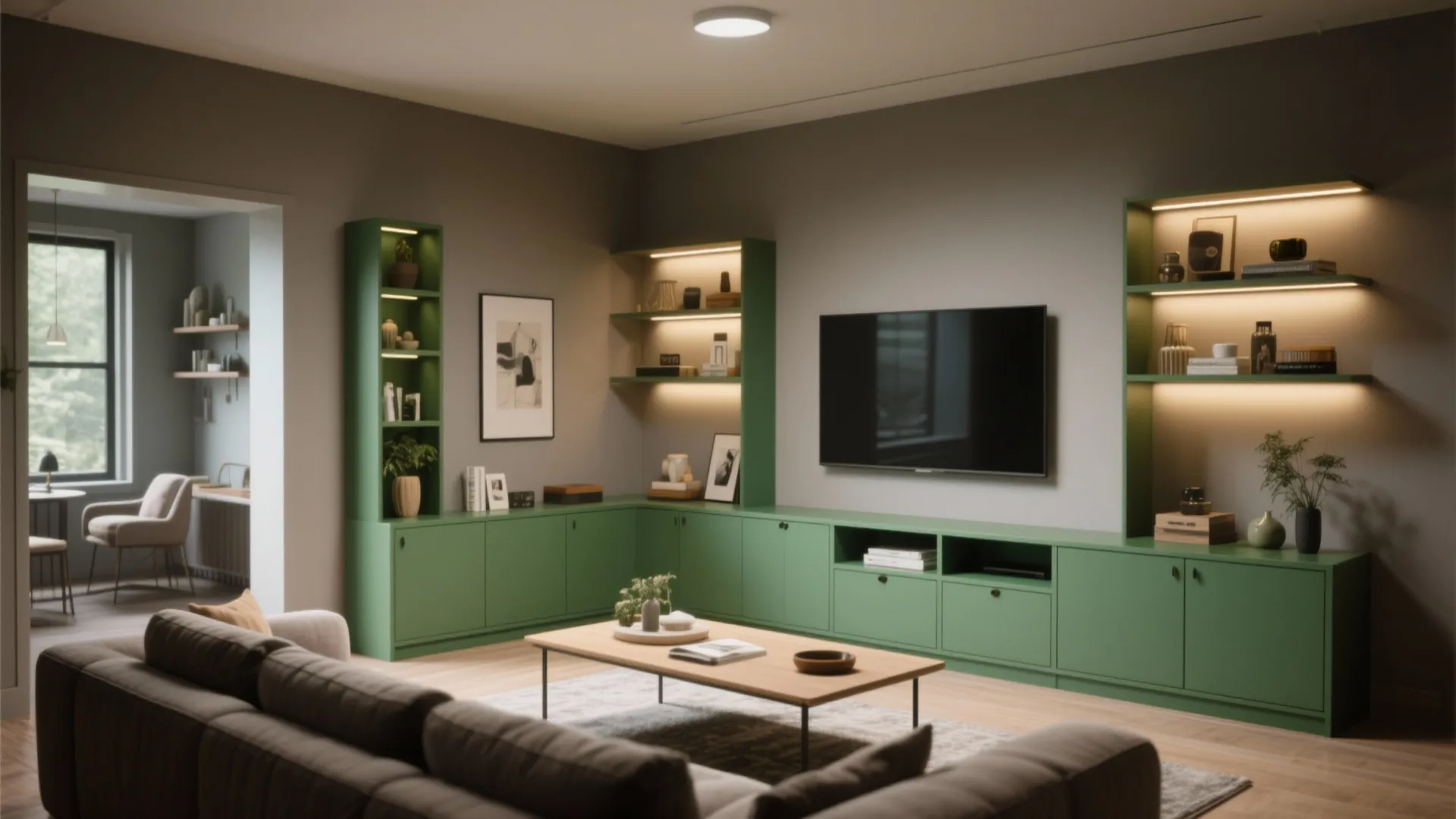 4. Green cabinetry and shelving within a grey frame