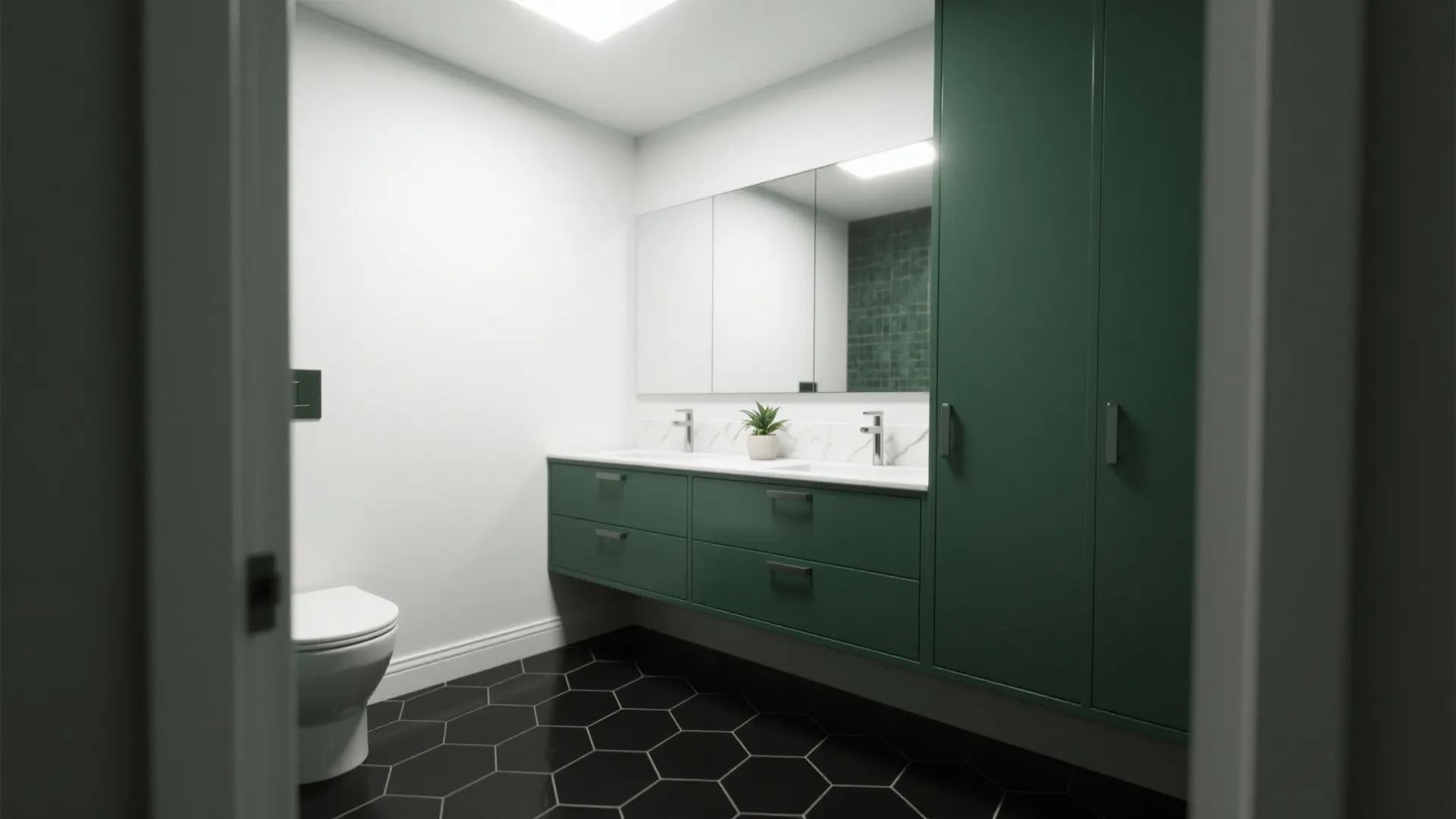 2. Green cabinetry against black hex floor tiles