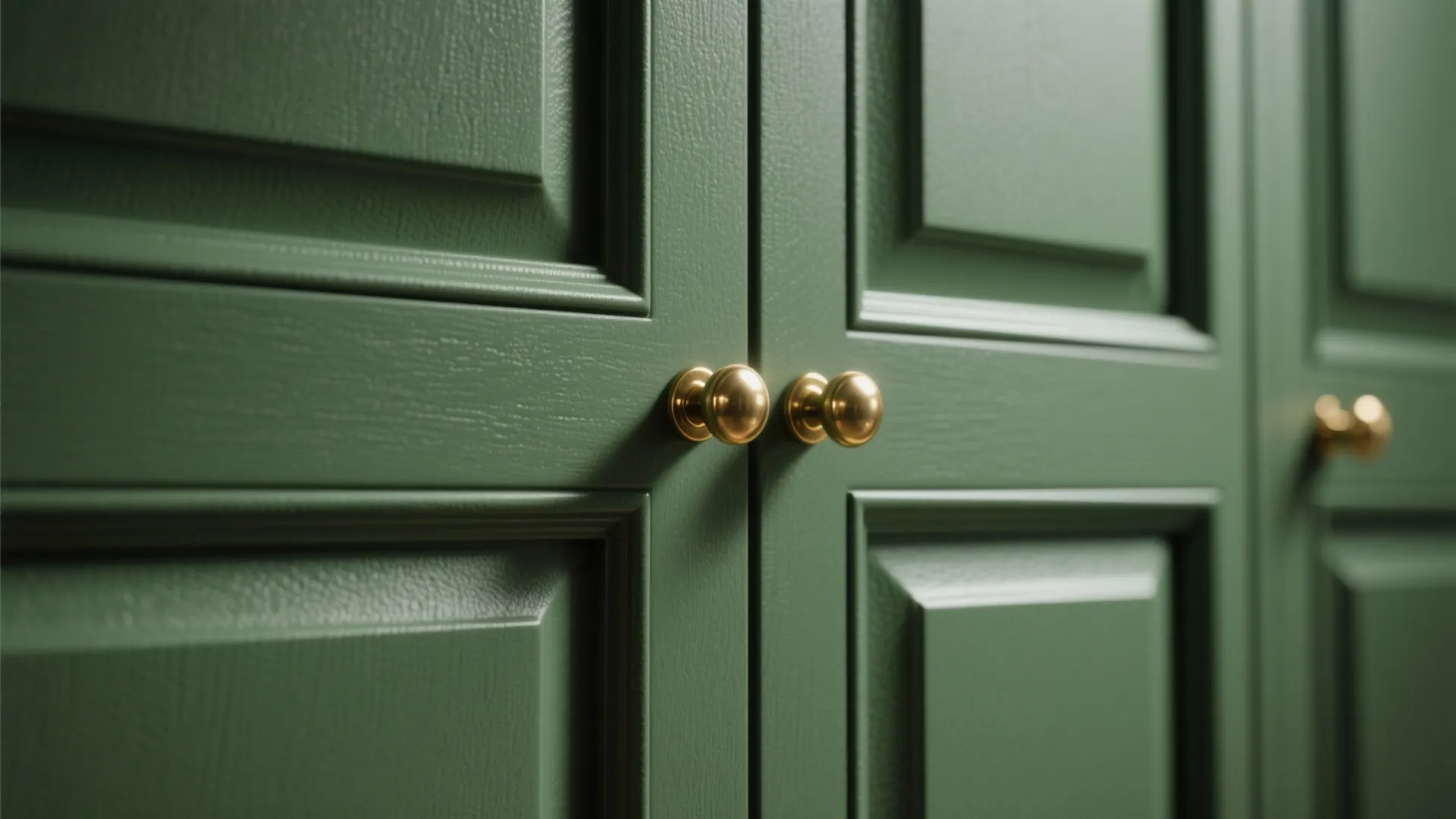 1. Matte forest green cabinetry with brass hardware