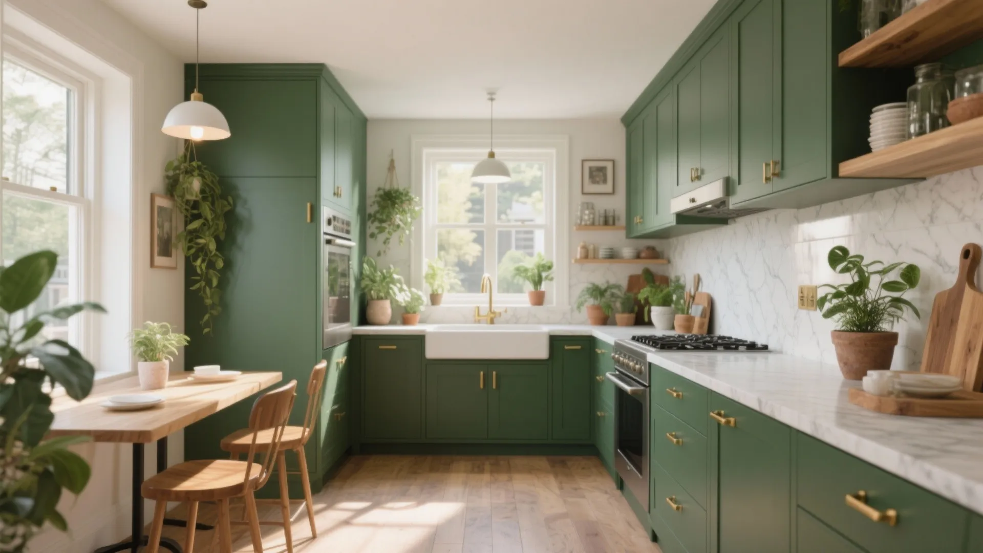 Green kitchen cabinets with white marble counters wooden dining table and gold sink light fixture
