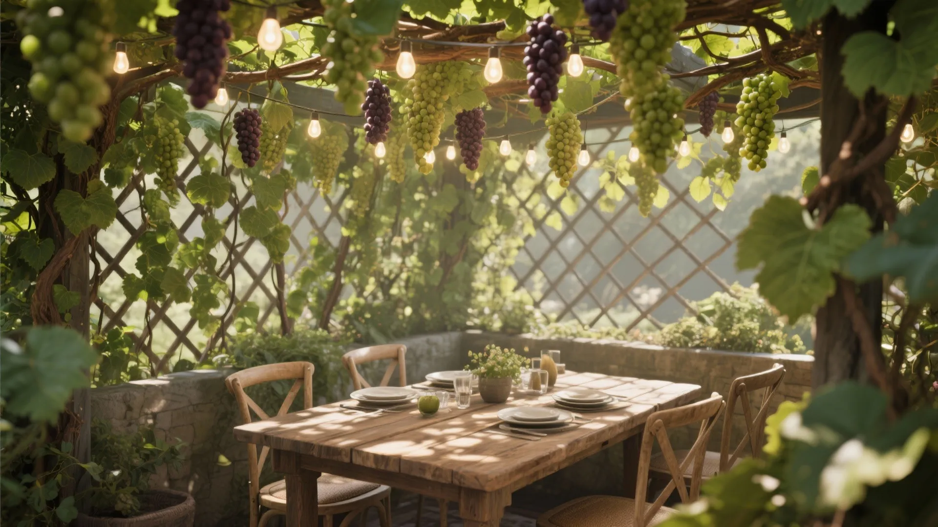 Outdoor wooden dining table under a vine canopy with hanging grapes and warm string lights
