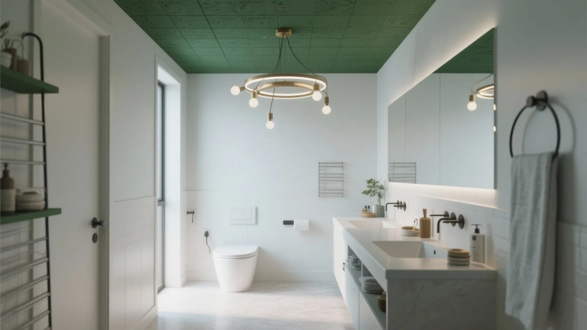 Modern bathroom featuring a green ceiling, white walls, gold ceiling light, and double sink vanity