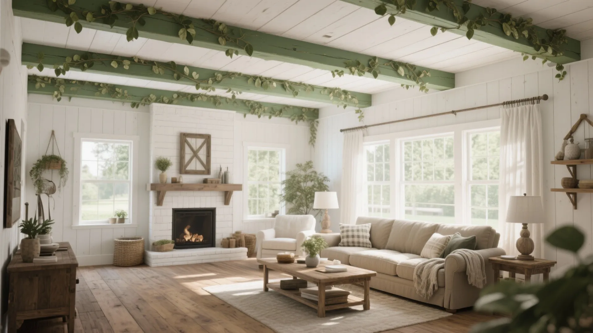 10. White Ceiling with Green Beams