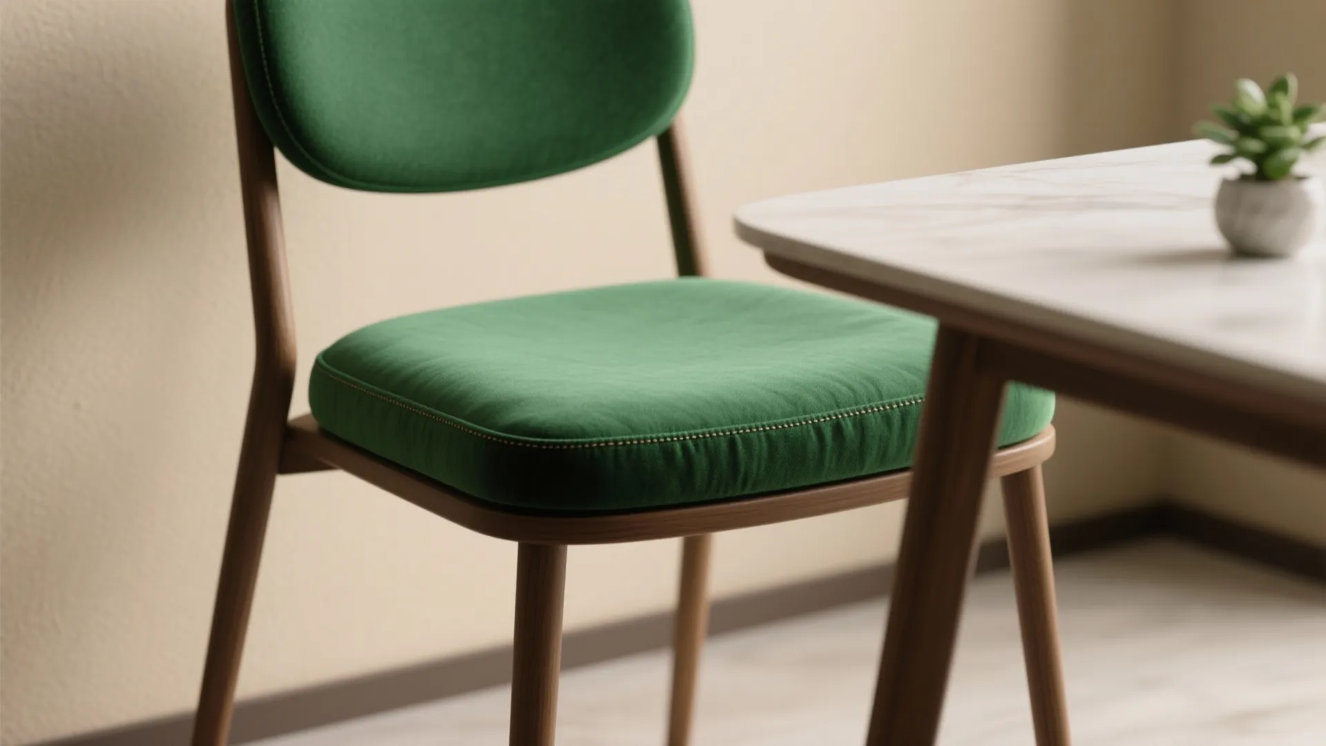 Close-up of an emerald-green dining chair with a matching cushion in a neutral room.