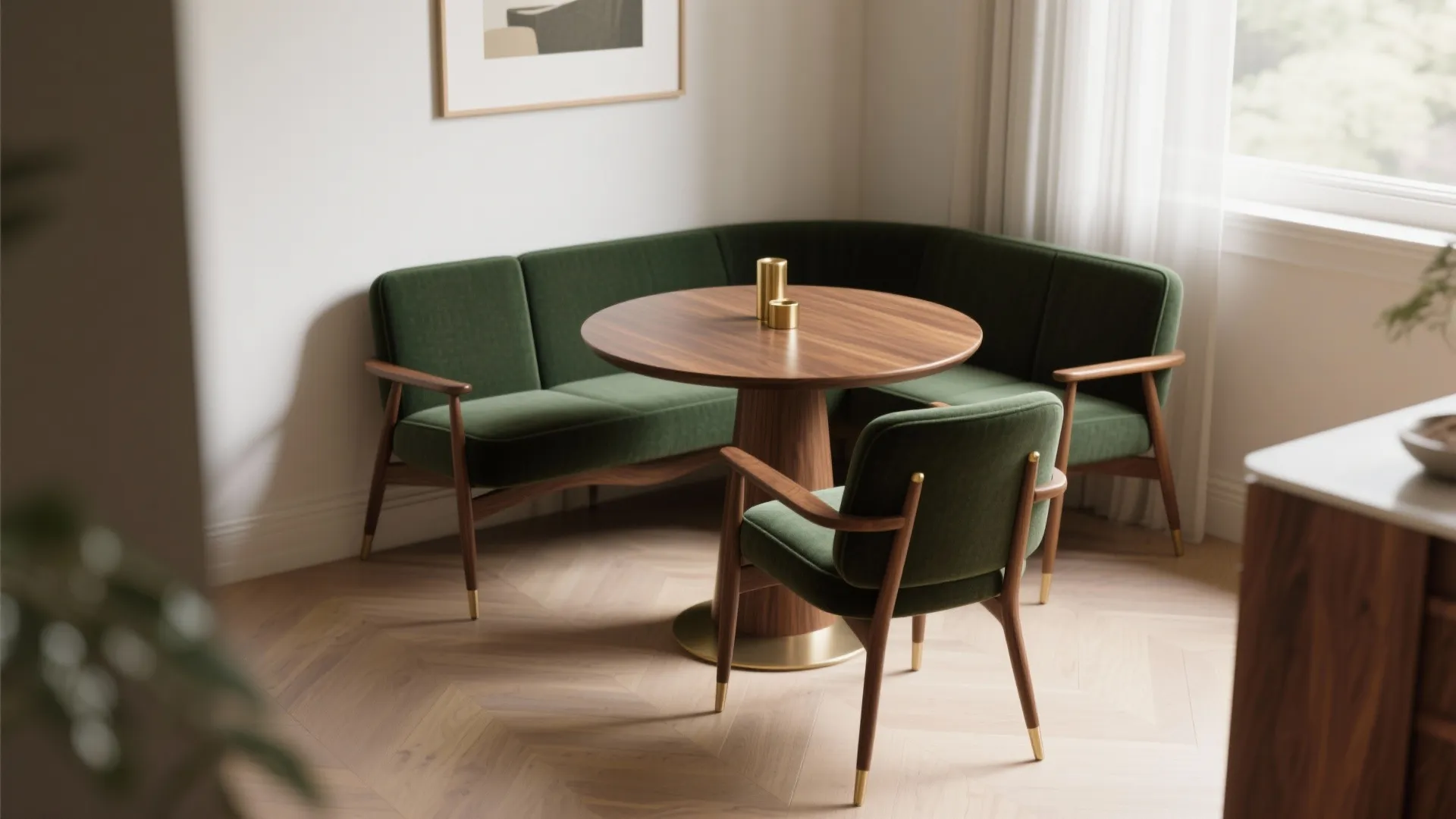 Dark green chairs paired with a walnut table and brass accents in a midcentury dining corner