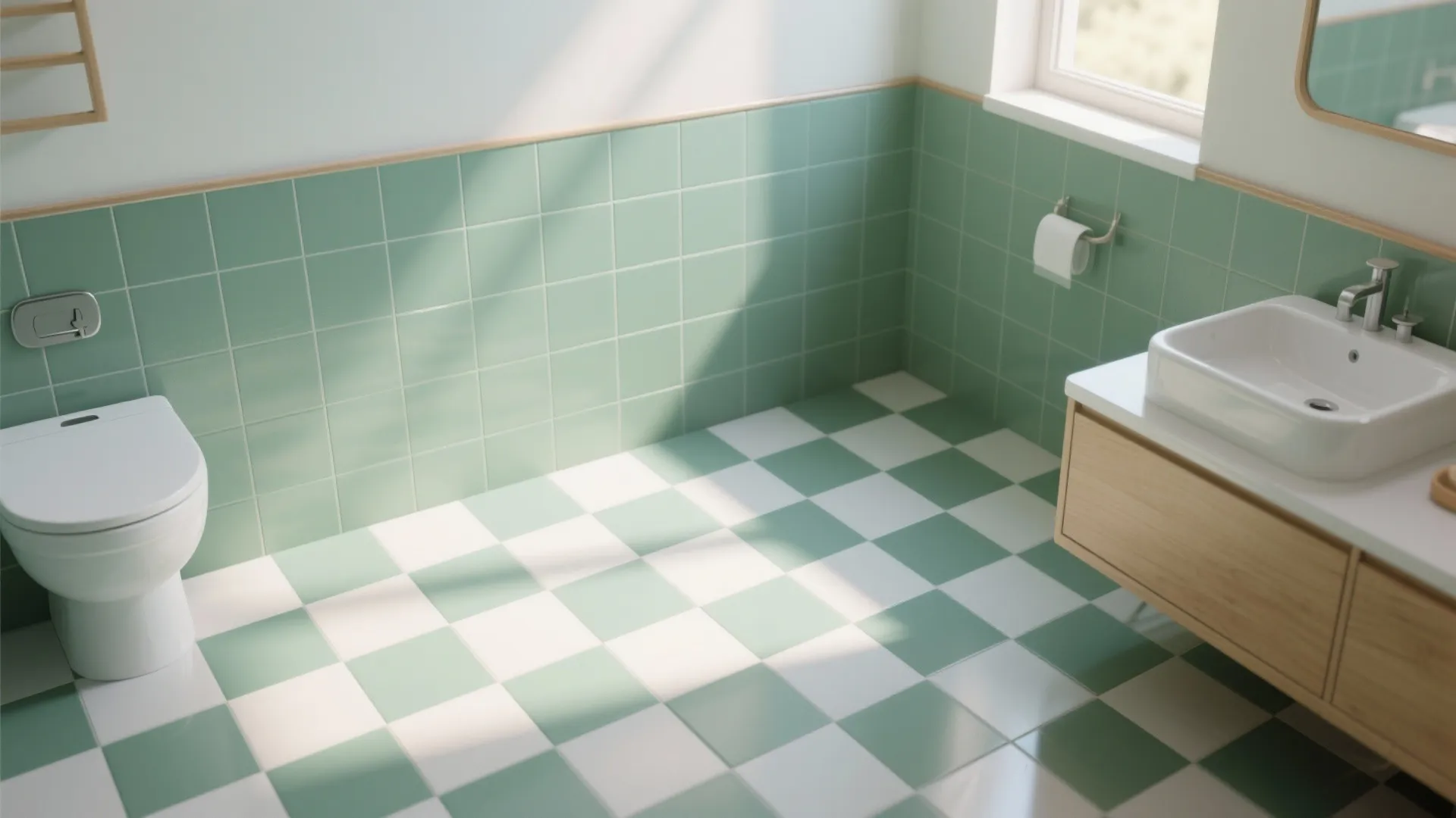 Soft green and white checkerboard tiles on bathroom wall or floor with mid-century styling