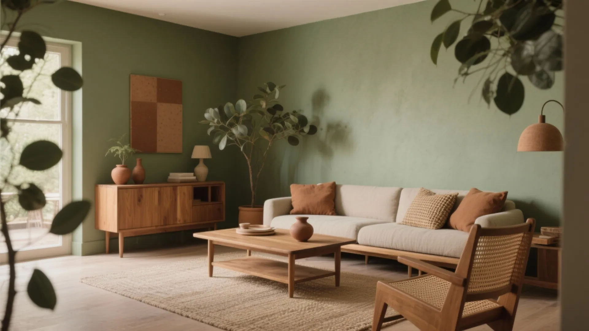 Green living room with beige sofa brown cushions wooden coffee table cabinet and woven chair