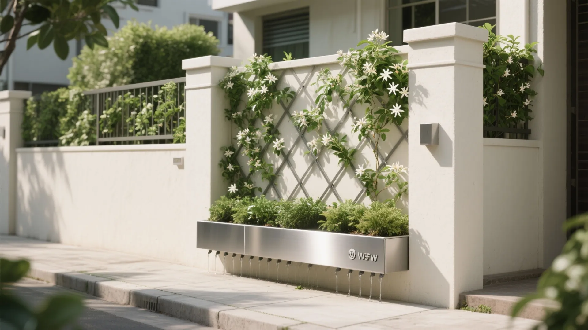 Green boundary wall with climbers and planters