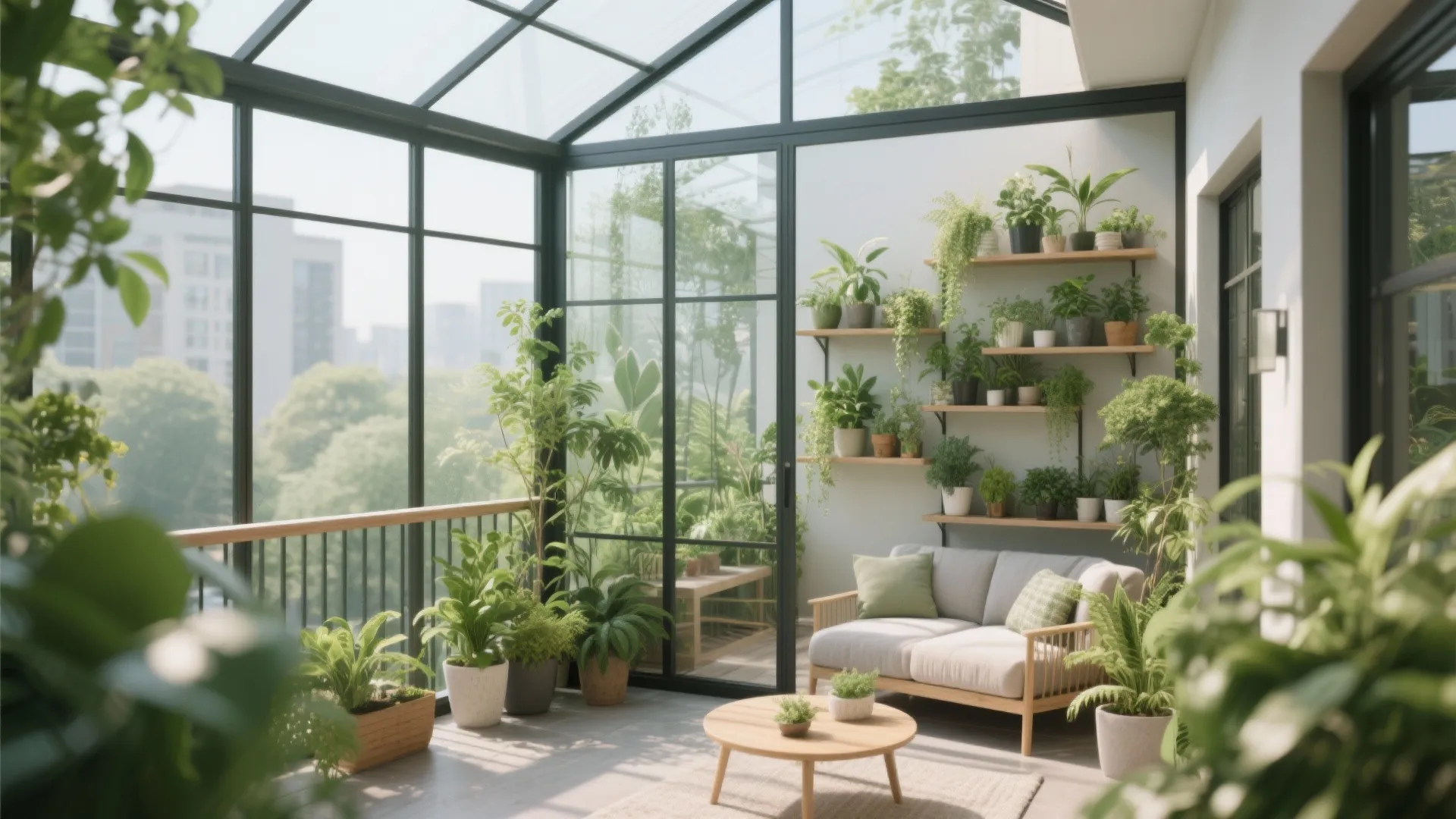 Bright glass enclosed balcony sunroom featuring many green potted plants a sofa and wooden table