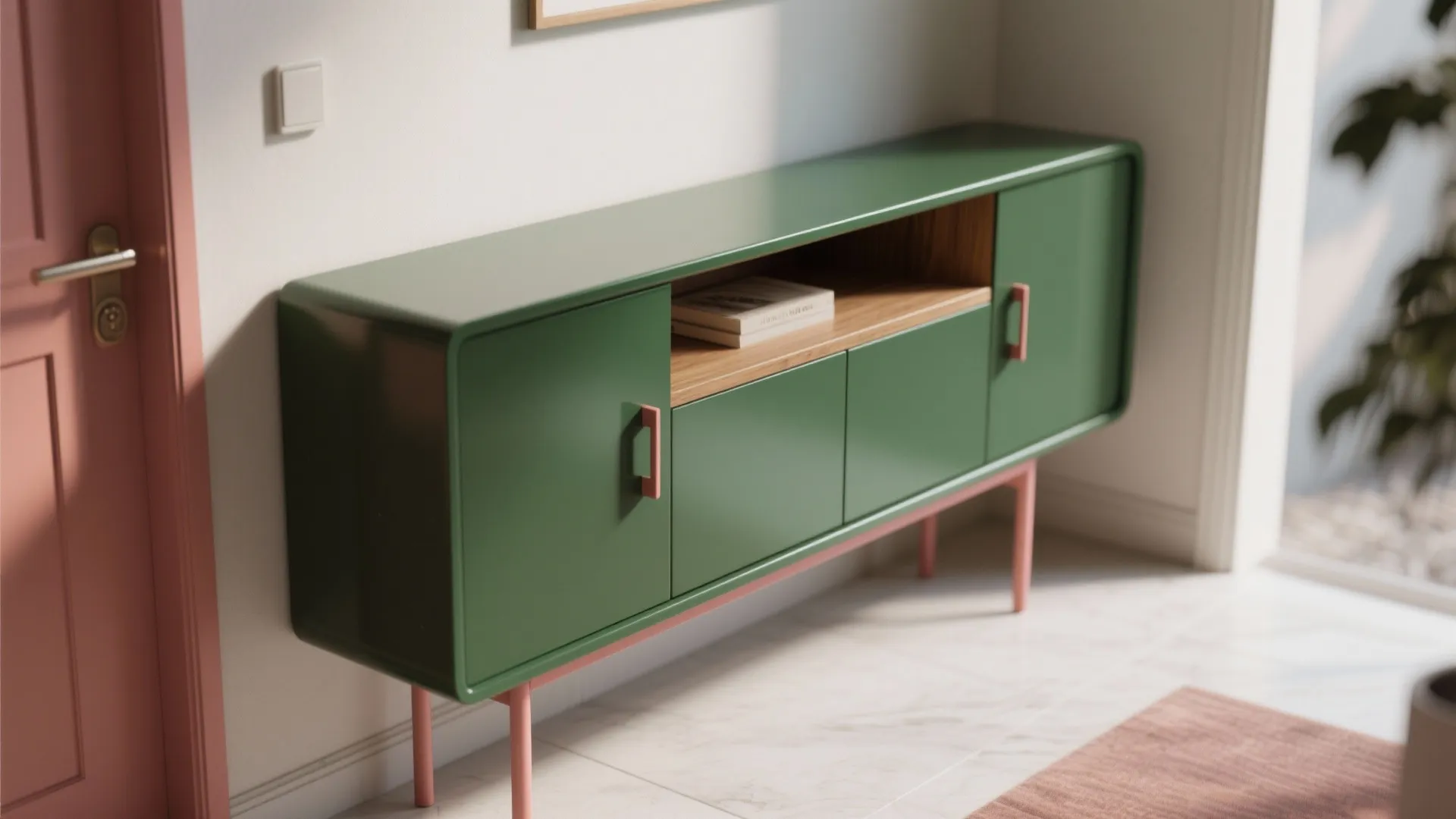 Macro of a forest-green console with coral hardware and timber edge detailing.