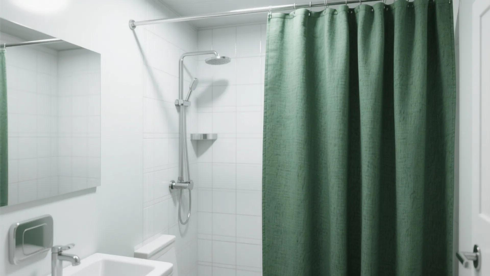 Modern white bathroom featuring green shower curtain with silver shower head and simple sink design