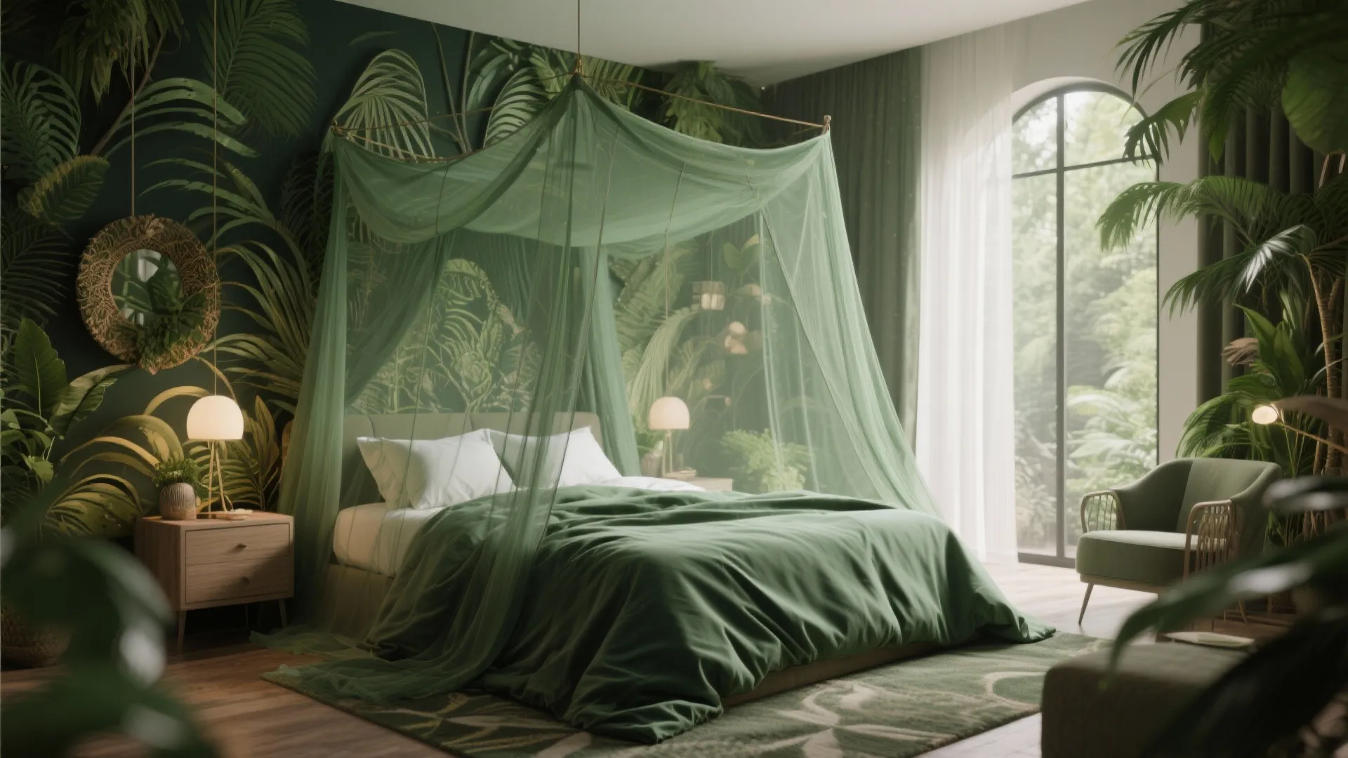 Forest-green mosquito net in jungle-inspired bedroom