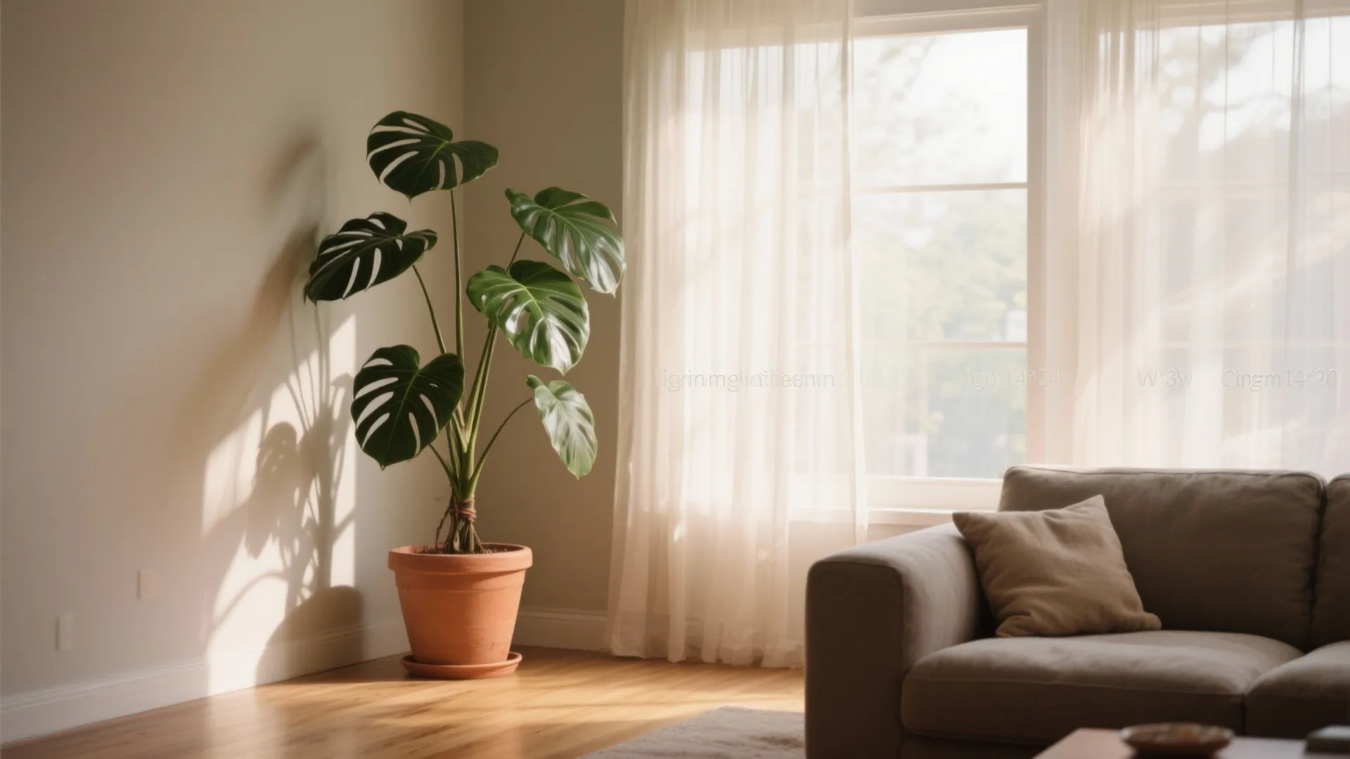 Large green plant in clay pot next to a sofa and window with white curtain