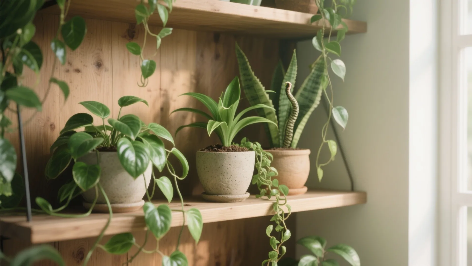 Wooden wall shelves displaying various green indoor plants in simple clay pots under soft sunlight