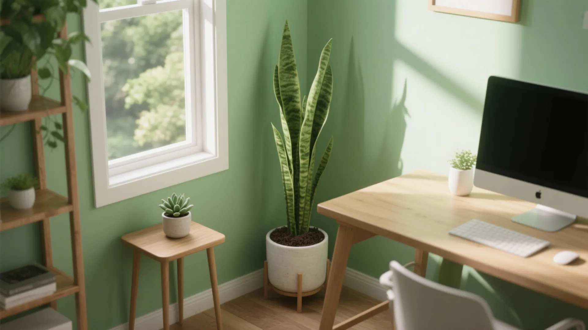 Bright corner workspace with green walls, tall potted plant, wooden desk, and a large window