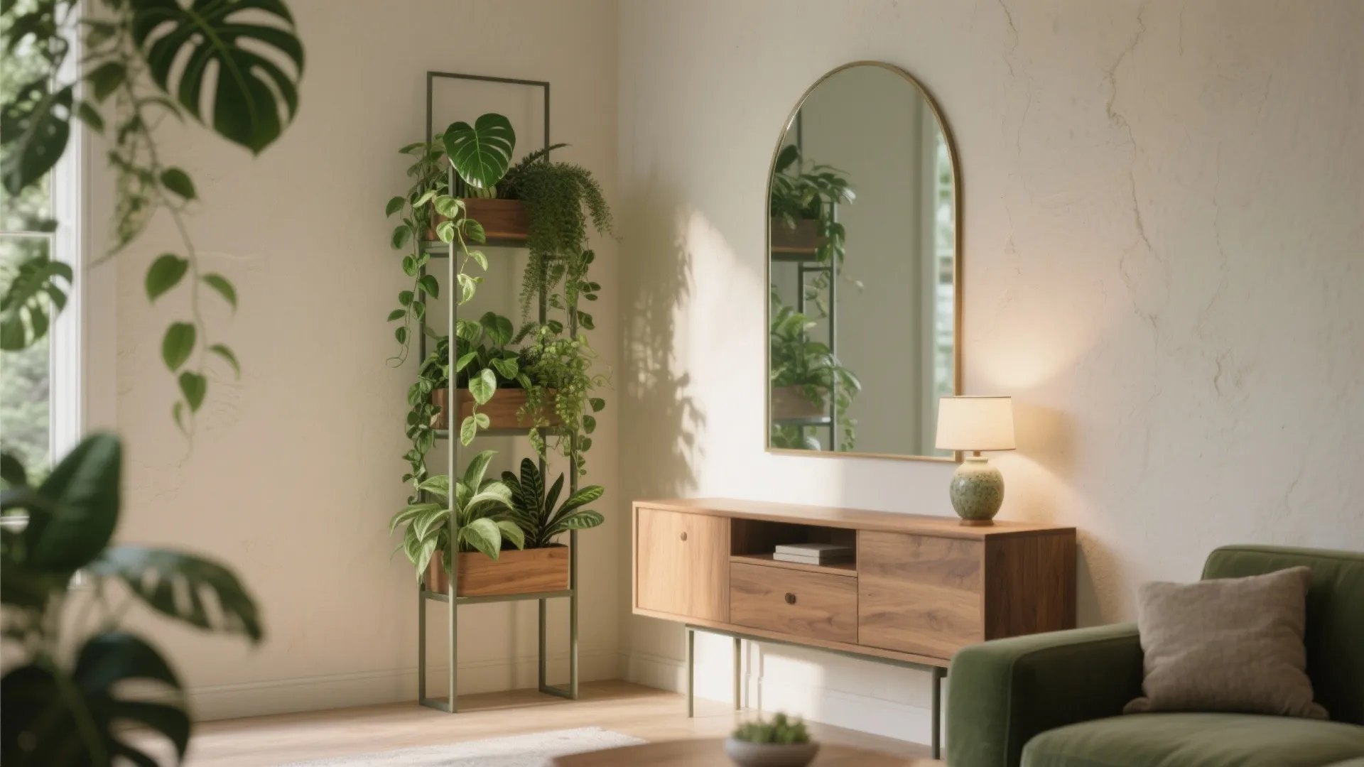 Green Corner: Vertical Planter + Mirror Console