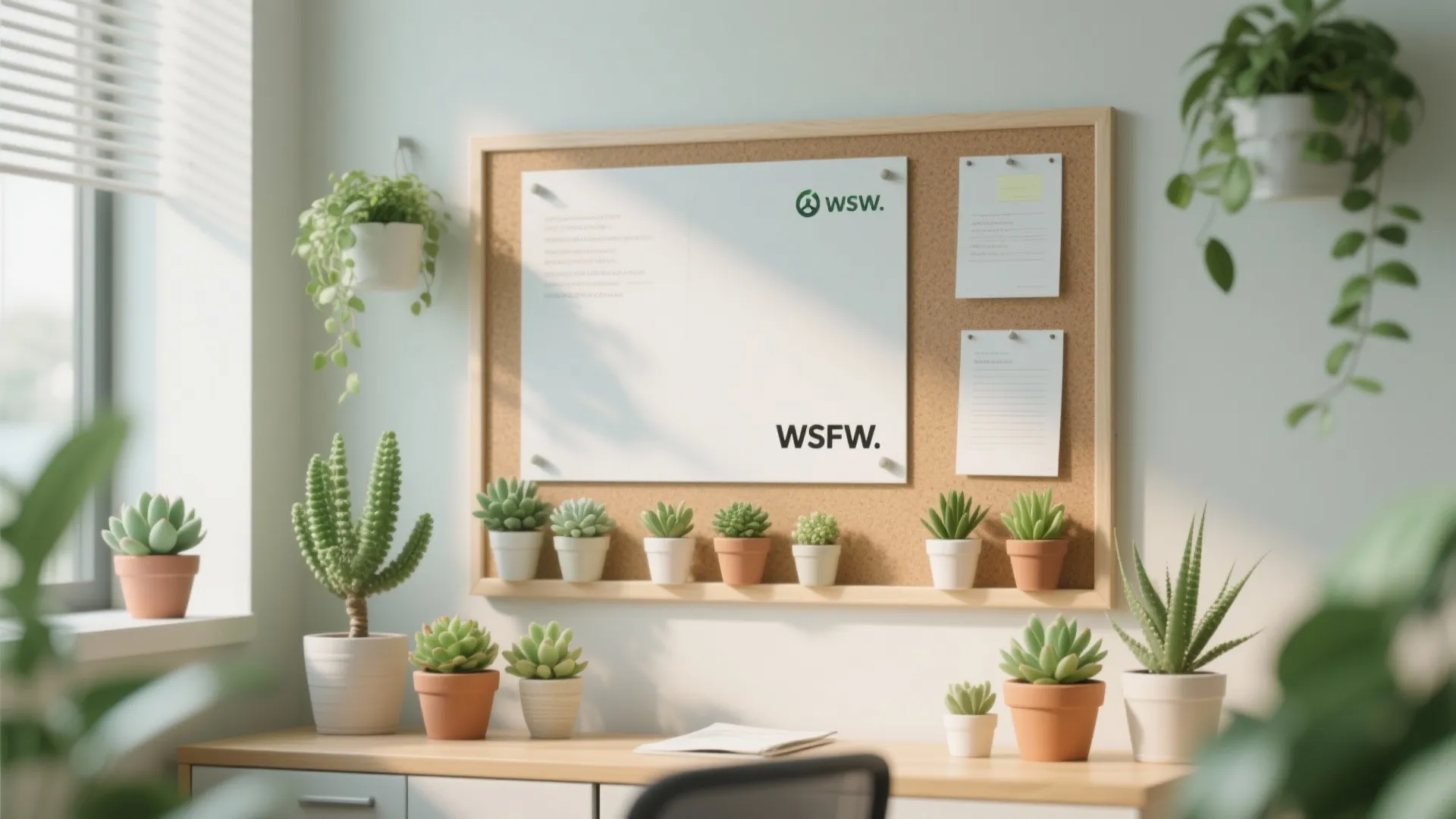 Desk area with many potted succulent plants, a corkboard featuring notes, and bright natural light