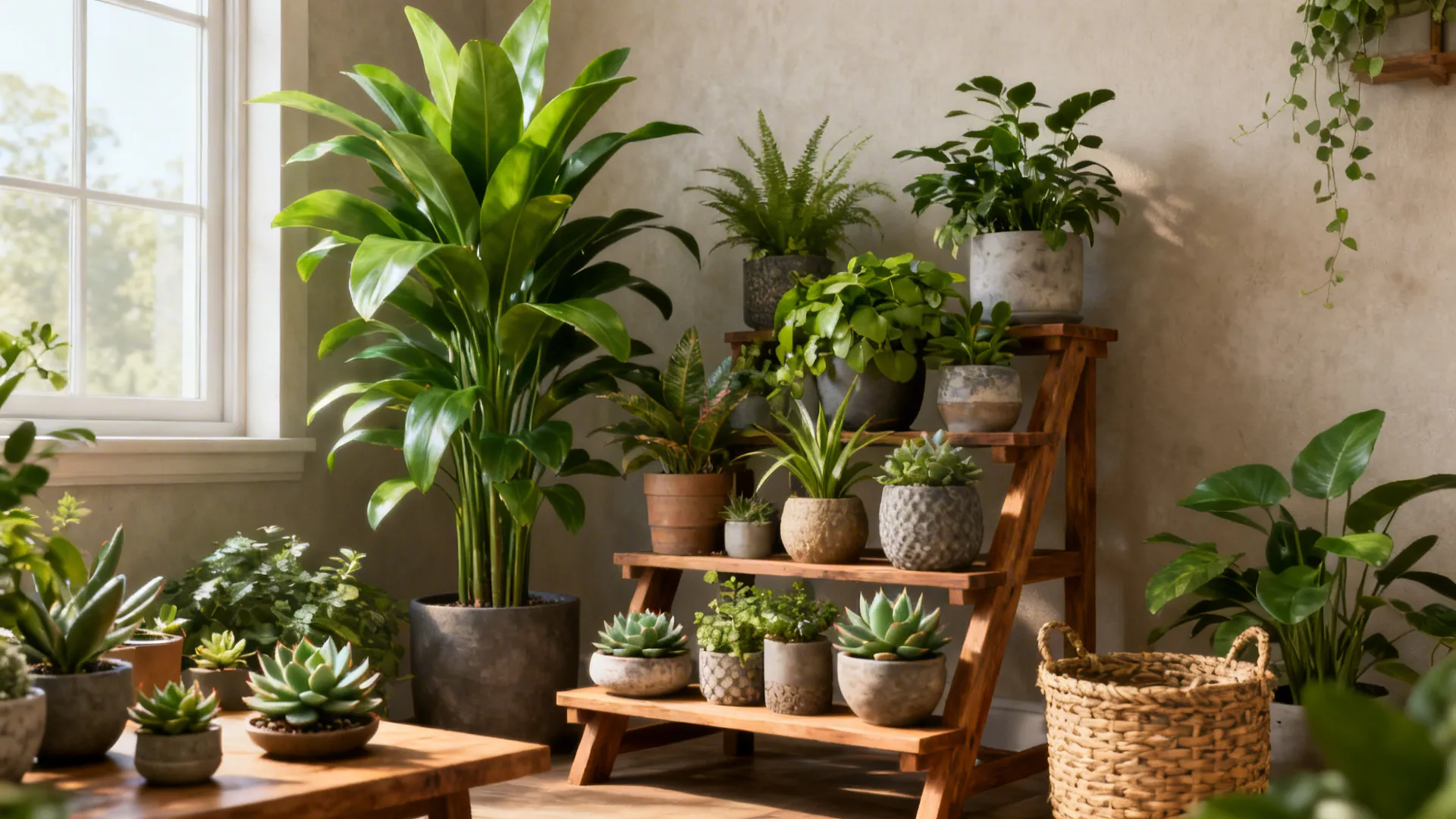 Corner filled with layered plants on staggered stands and woven pots in soft daylight.