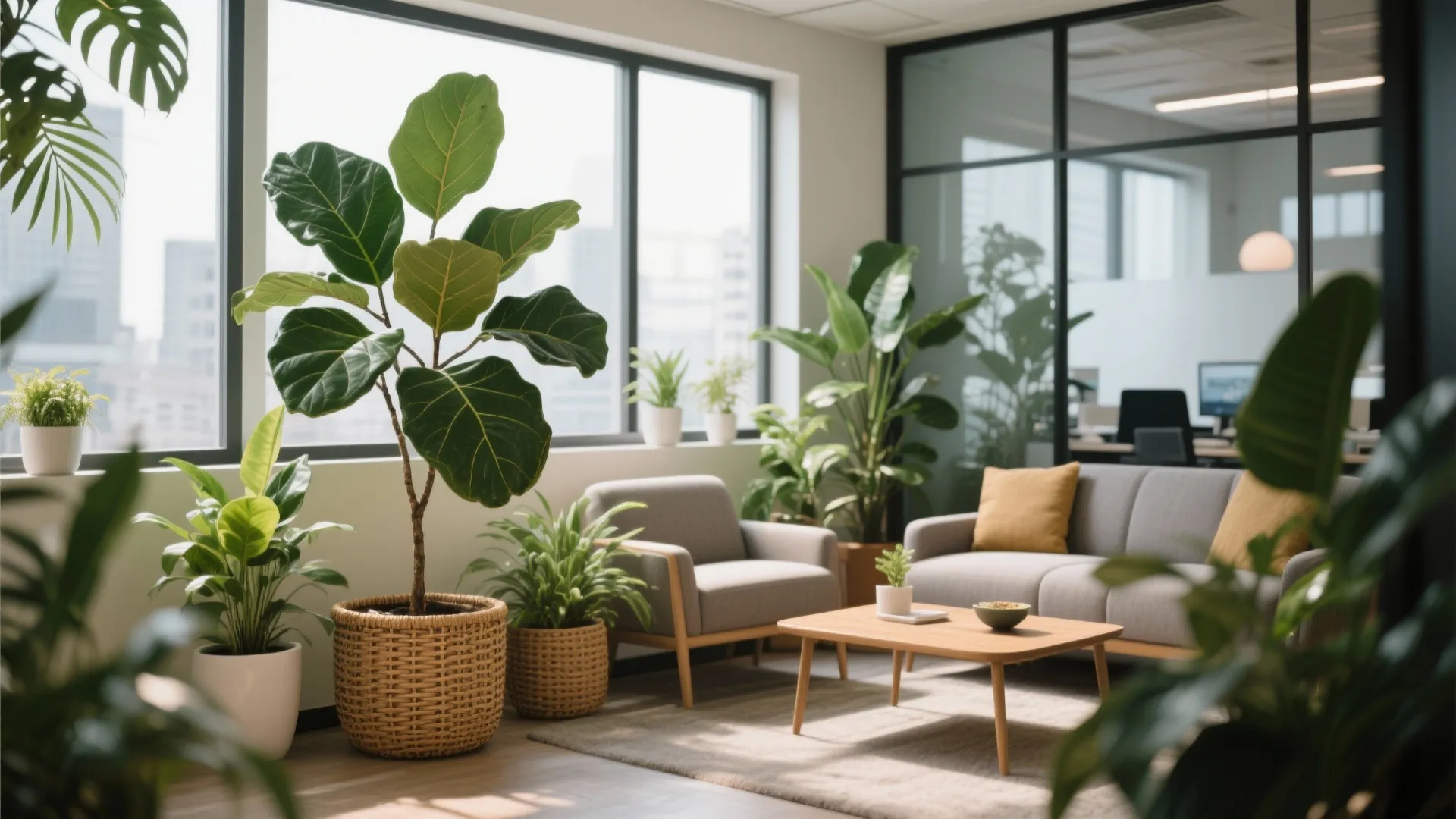 Office sitting area corner with a large fiddle leaf fig and cozy seating
