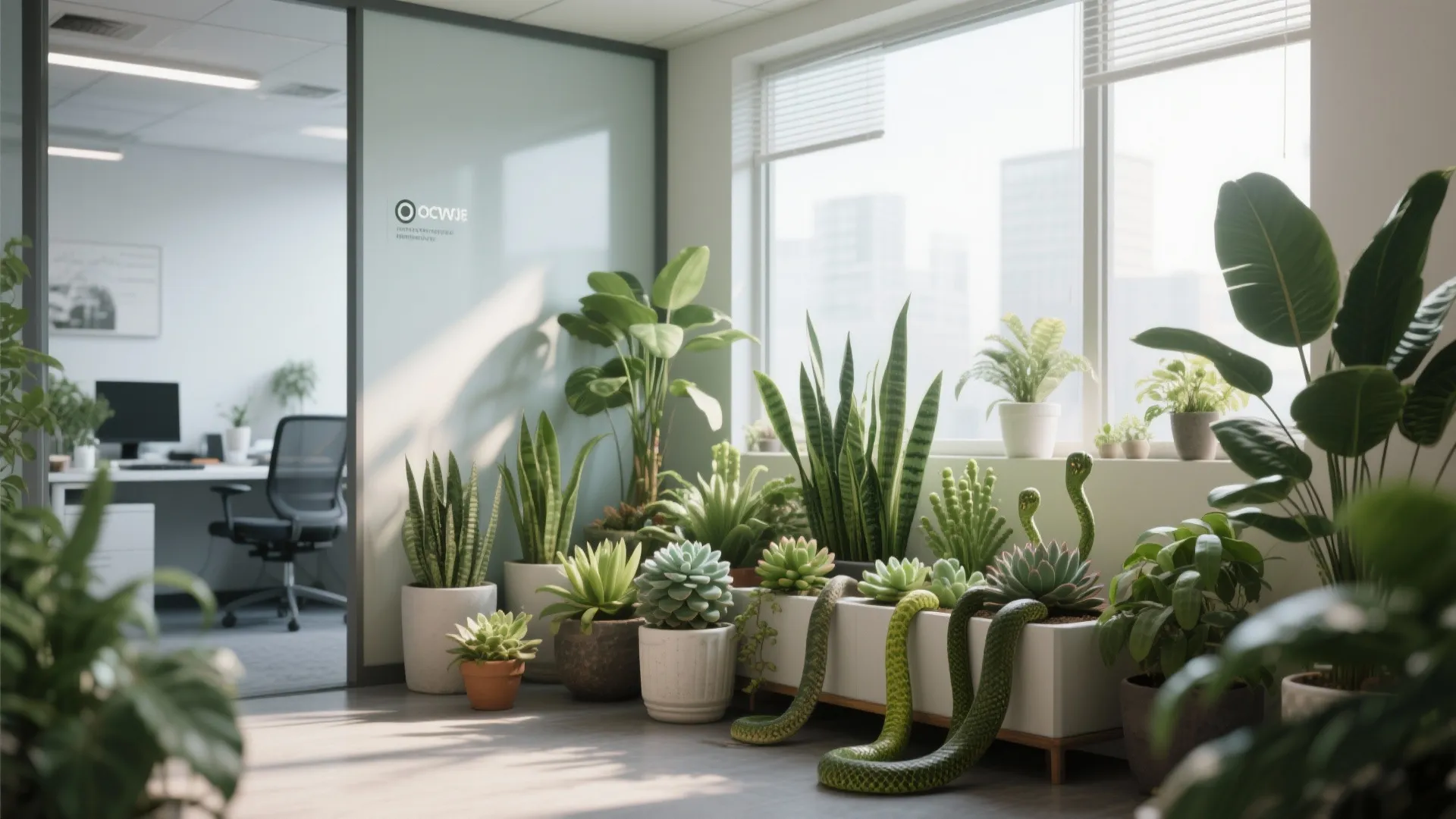 Office corner with lush indoor plants in natural light