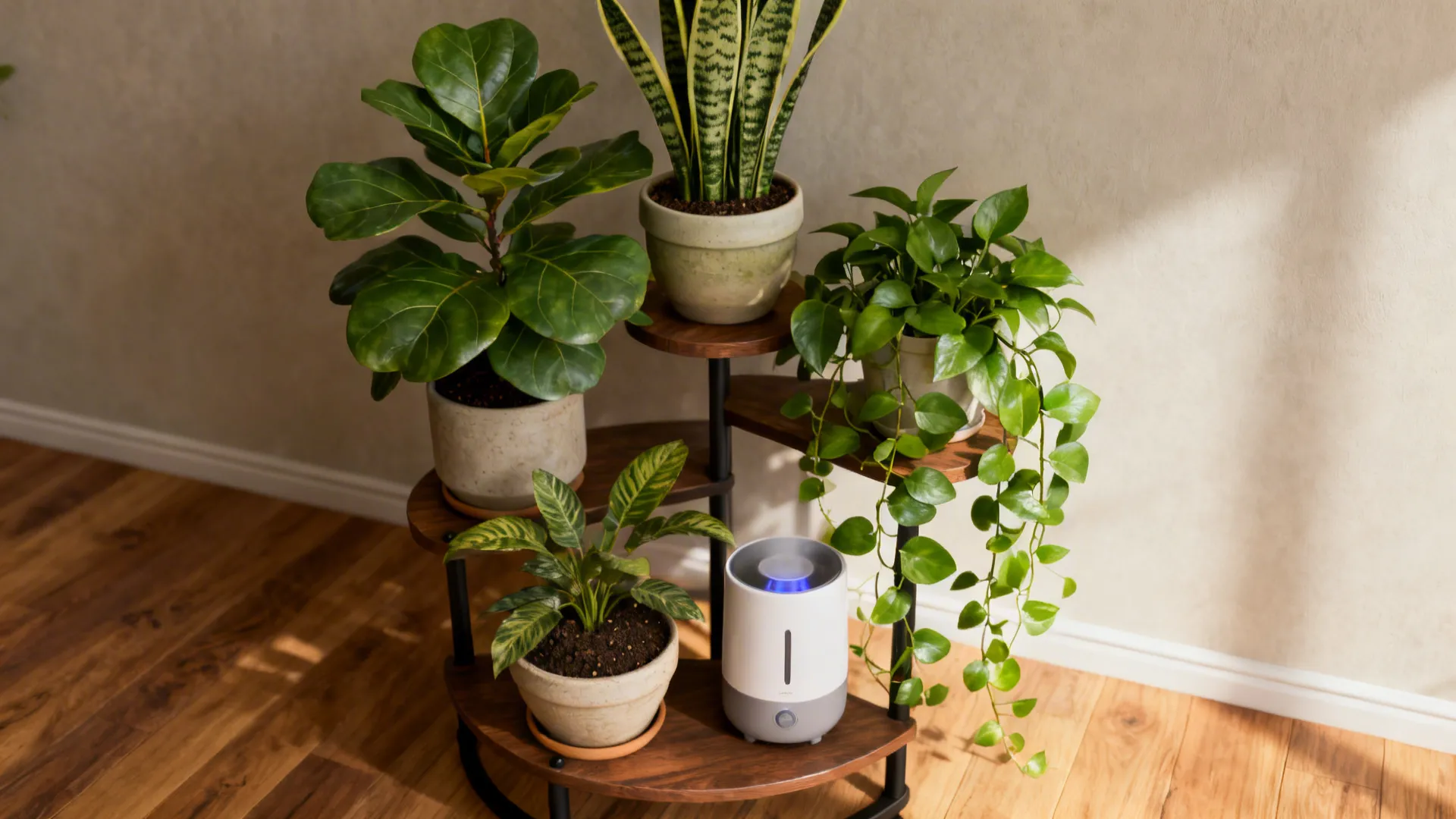 Tiered plant stand in a corner with varied houseplants and natural light