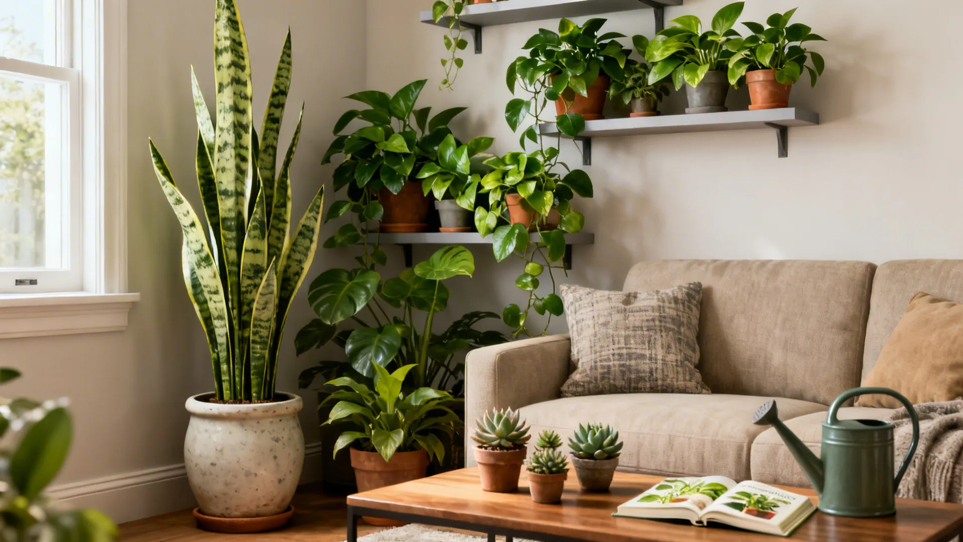 Small living room green corner with a tall snake plant, pothos on shelves and succulents on a table.