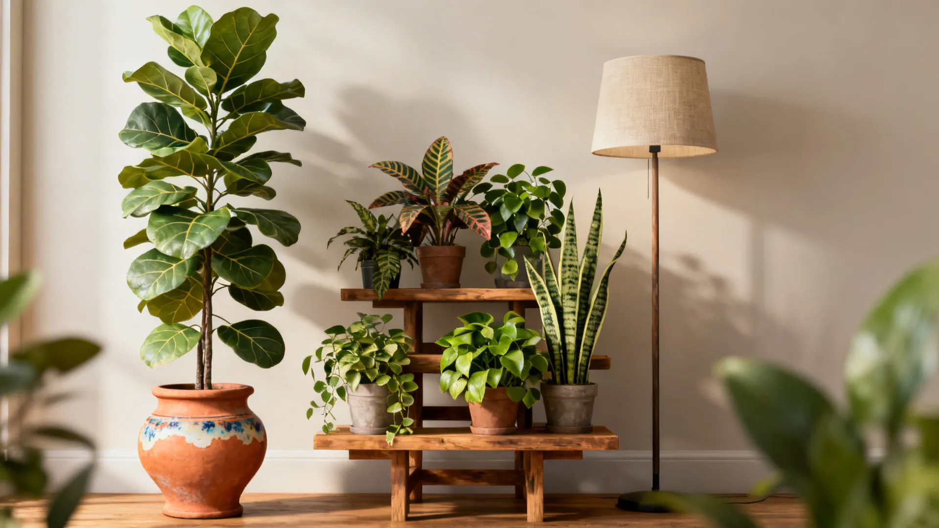 Indoor plant collection on wooden stand with floor lamp beside large leafy green potted plant