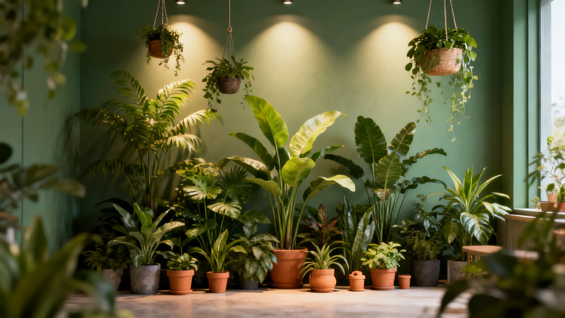 Indoor green corner with layered plants, a hanging planter and focused uplight.