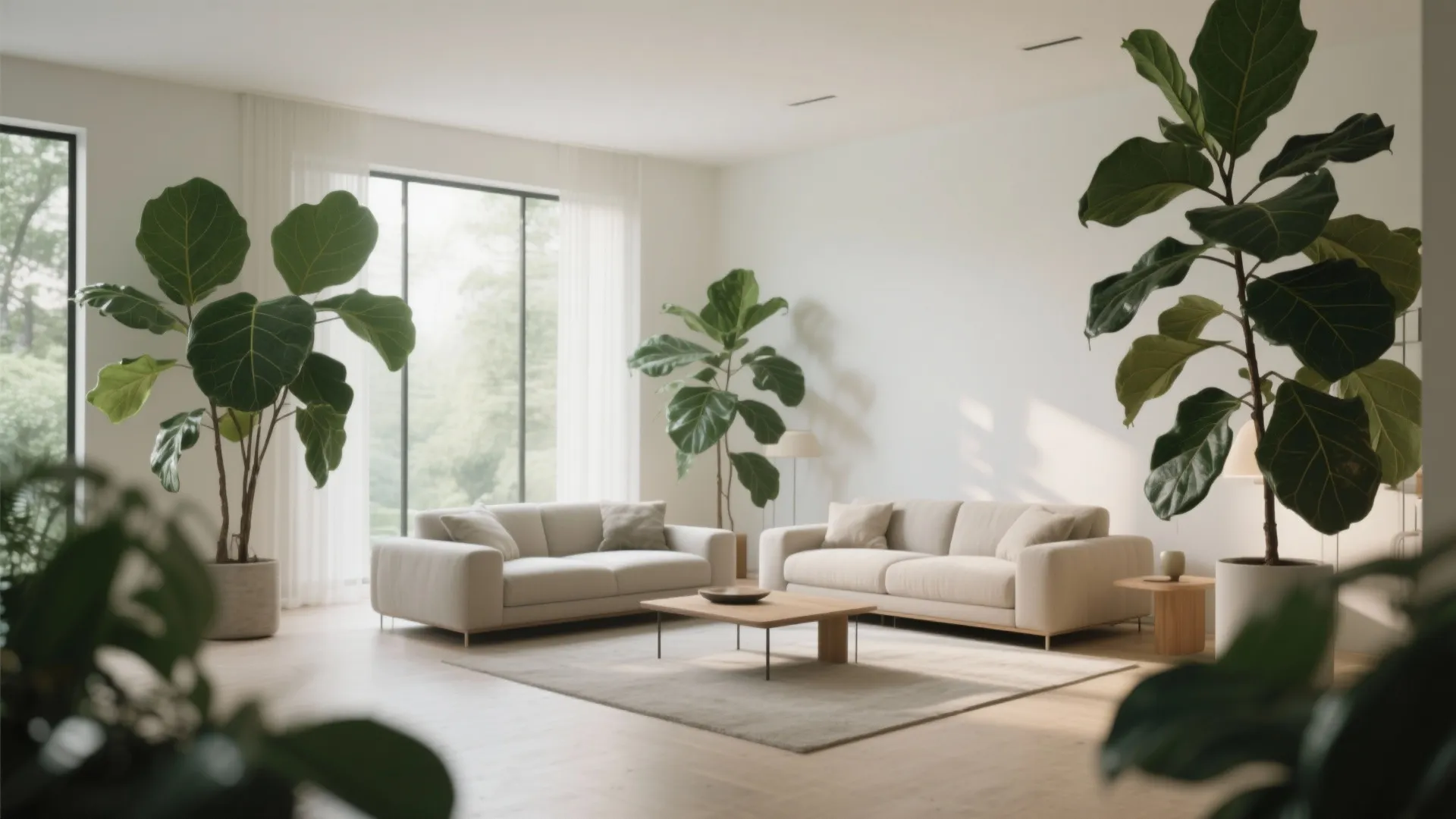 Modern bright living room featuring white sofas wooden coffee table large green plants and natural light