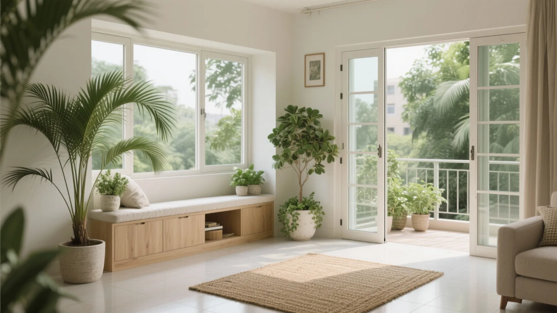 Balcony-to-bay green corridor for heat and dust management