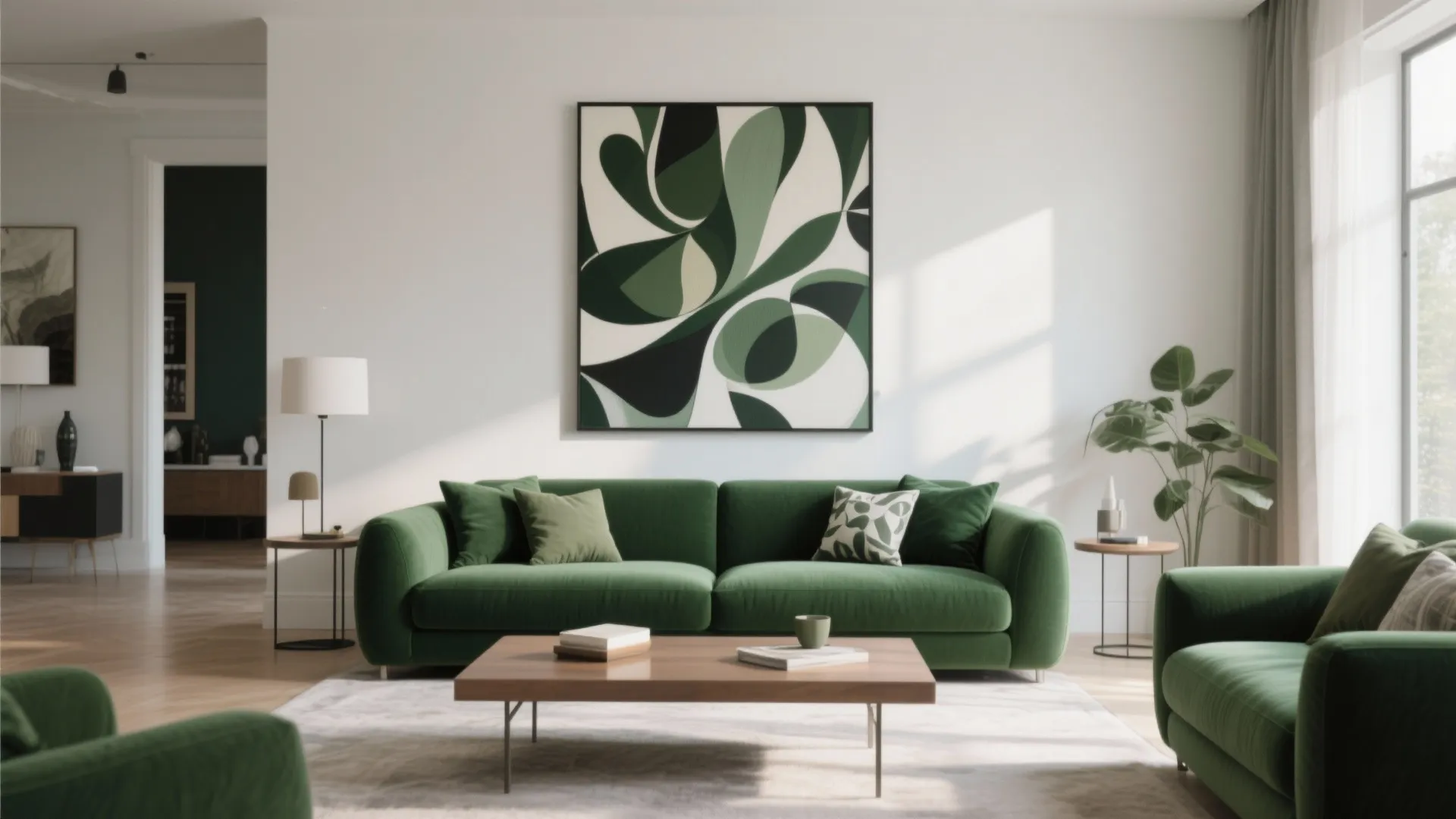 Modern white living room featuring green sofa wood coffee table large abstract wall art and plant