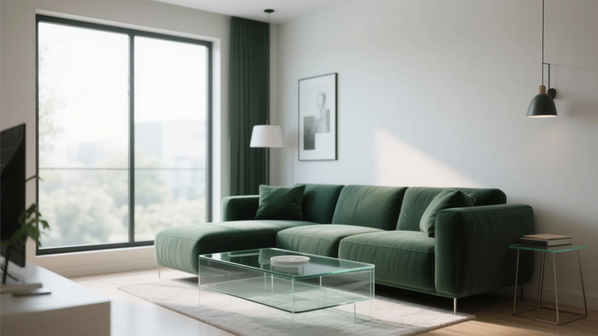 Modern living room with green sofa glass coffee table large windows wall light and carpet