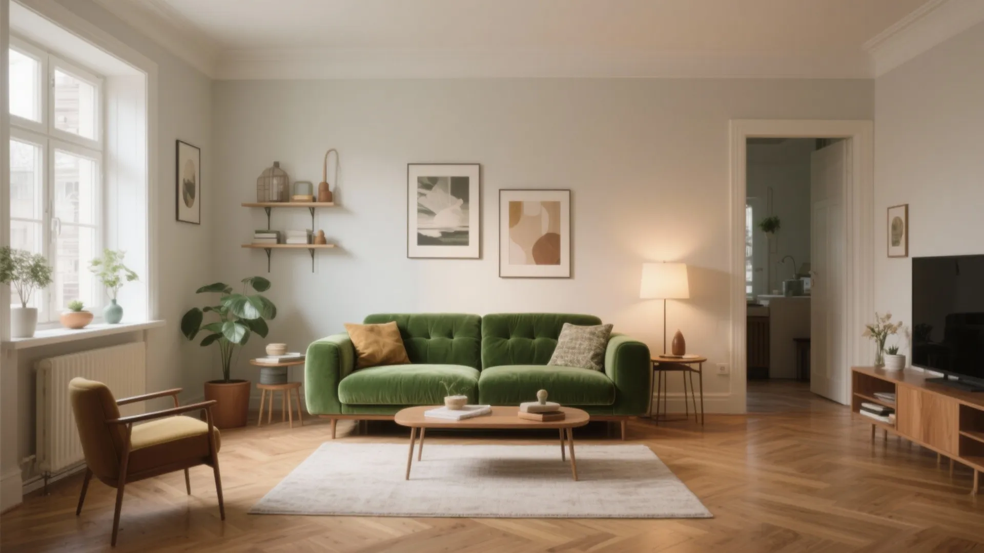 Cozy living room with green velvet sofa wooden floor white walls and small table lamp