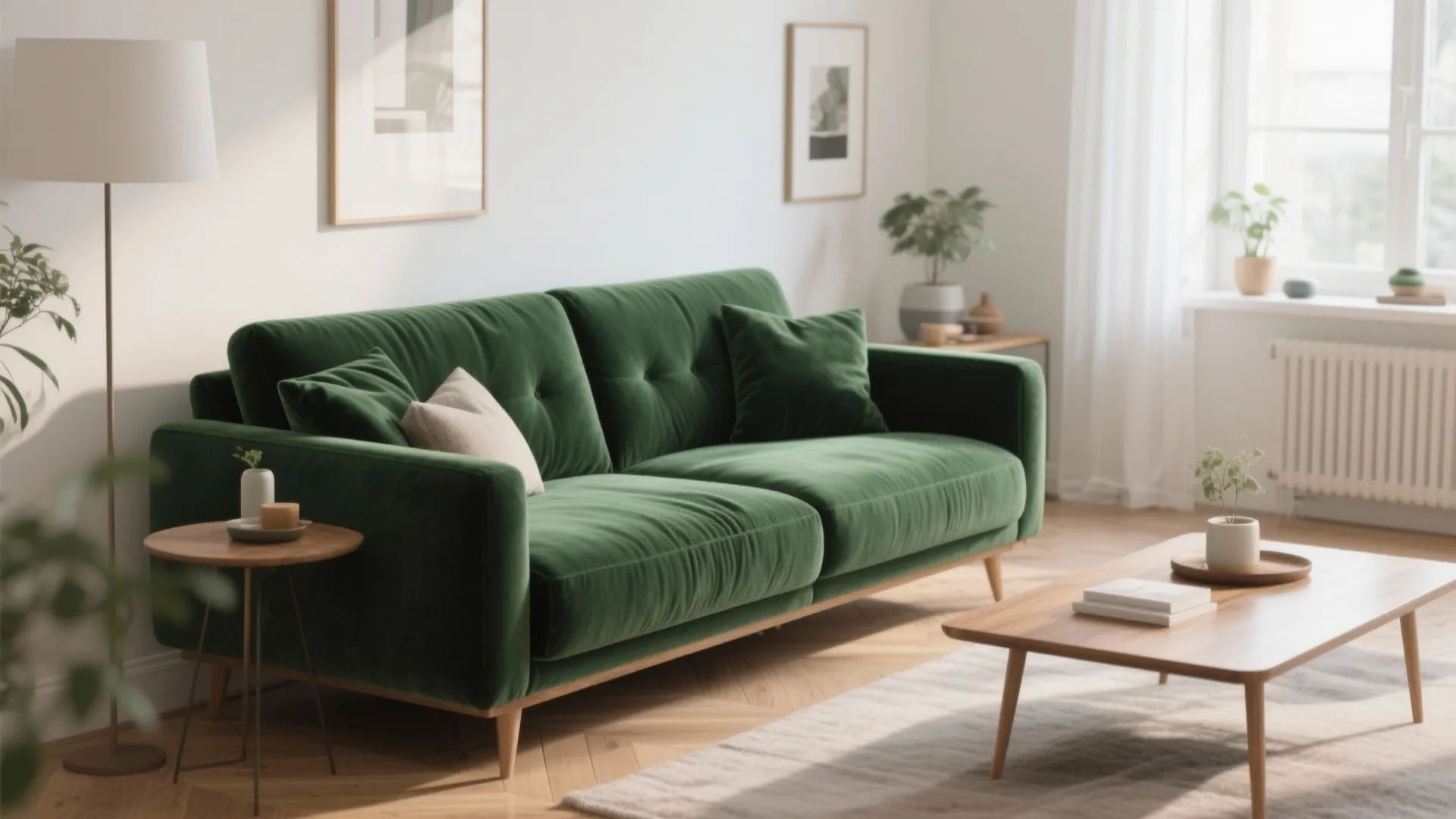 Green velvet sofa in bright living room with wooden coffee table floor lamp rug plants