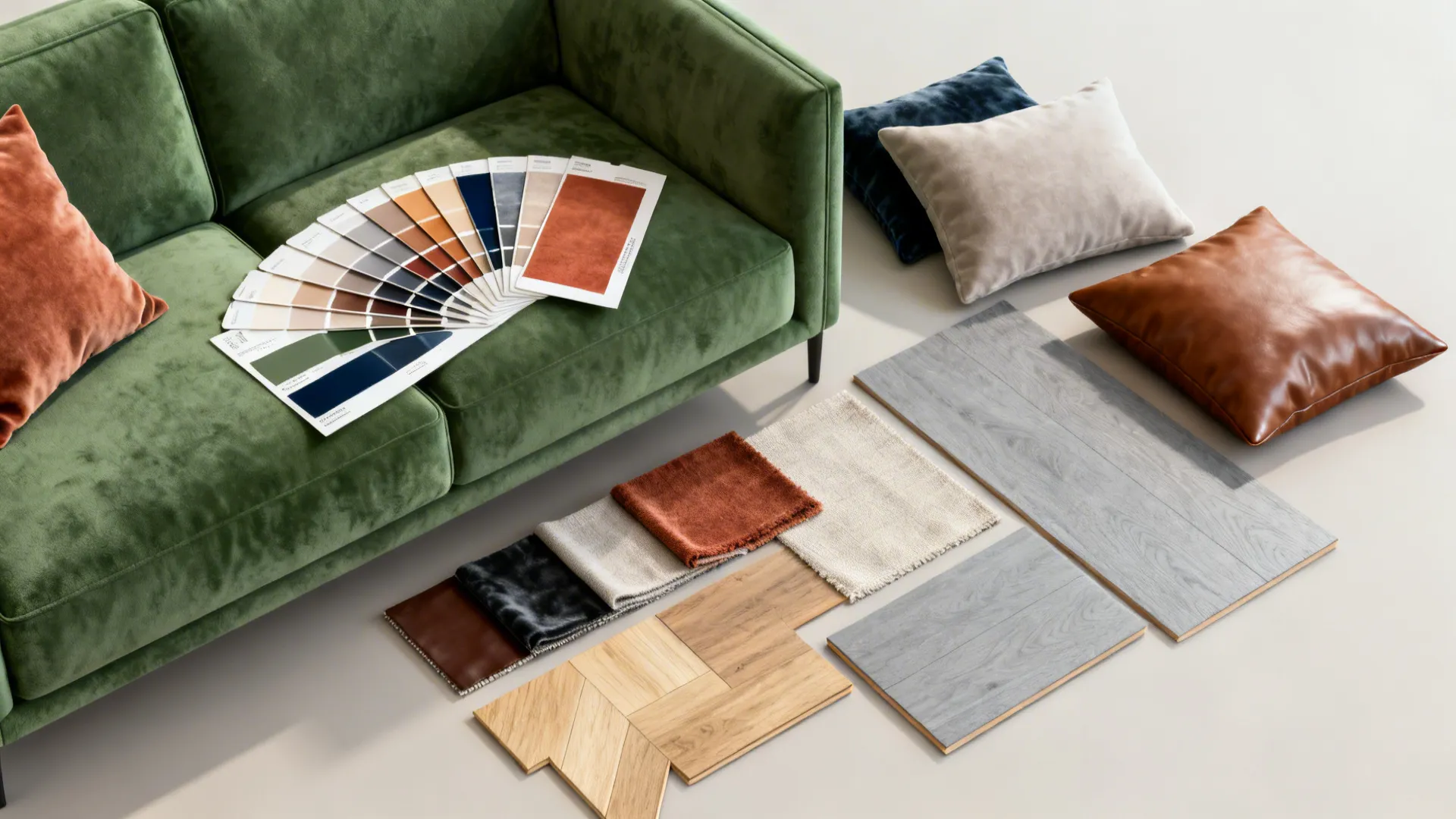Flatlay of paint swatches, fabric samples and flooring chips for styling a green couch.