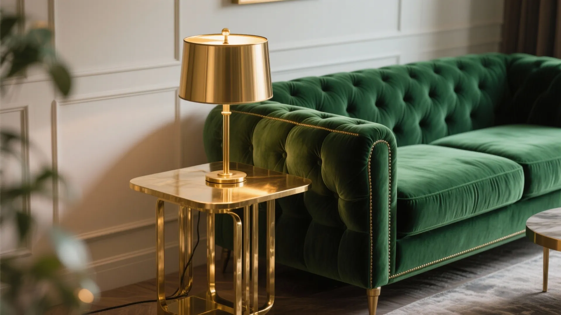 Green velvet sofa next to a gold side table with a matching gold table light fixture